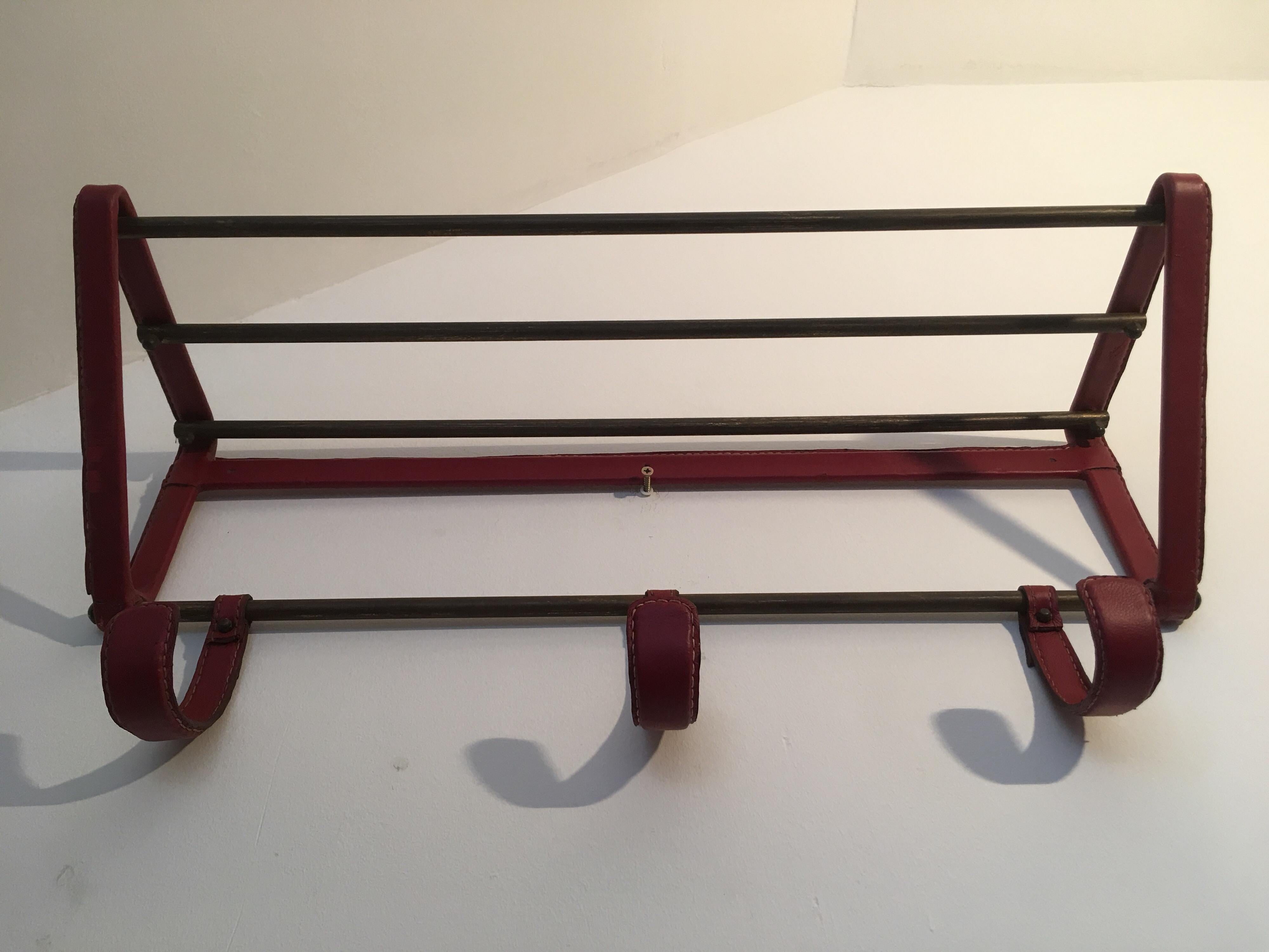 Mid-20th Century Jacques Adnet Red Stitched Leather Coat Rack, Brass Hat Rack, French, 1950s For Sale