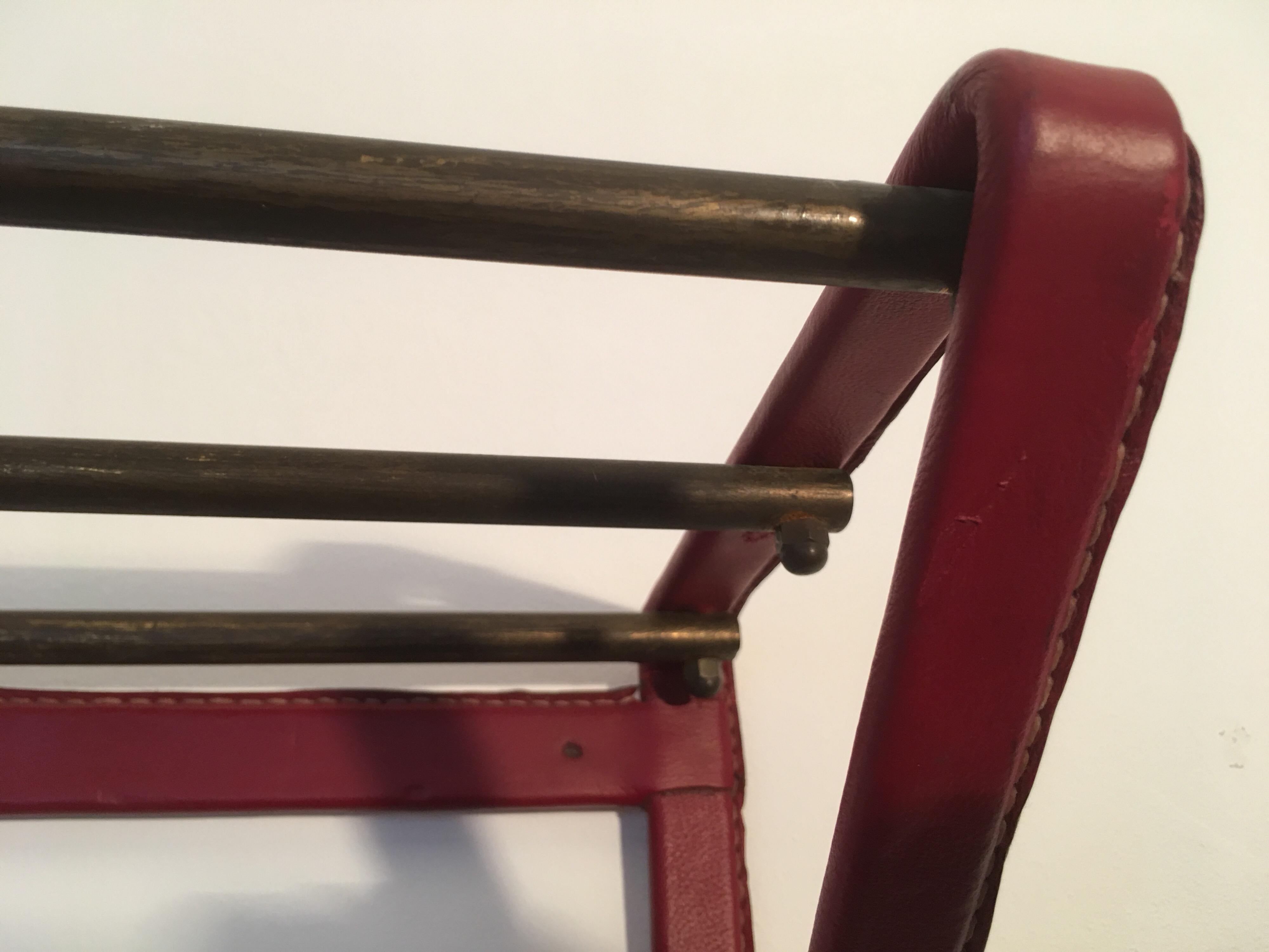 Jacques Adnet Red Stitched Leather Coat Rack, Brass Hat Rack, French, 1950s For Sale 3
