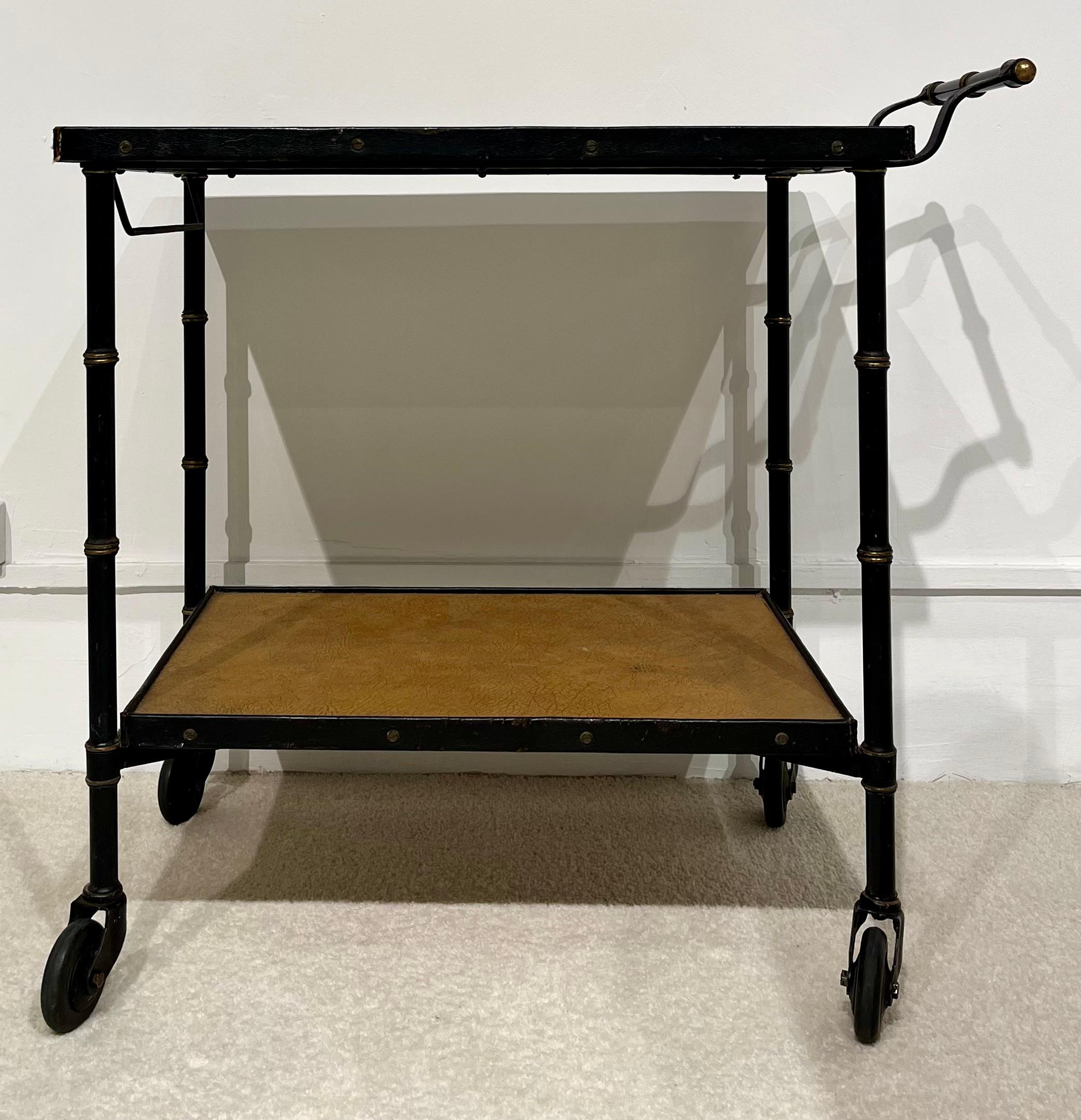 French Jacques Adnet : Rolling leather and black lacquered metal cart, c. 1950, France