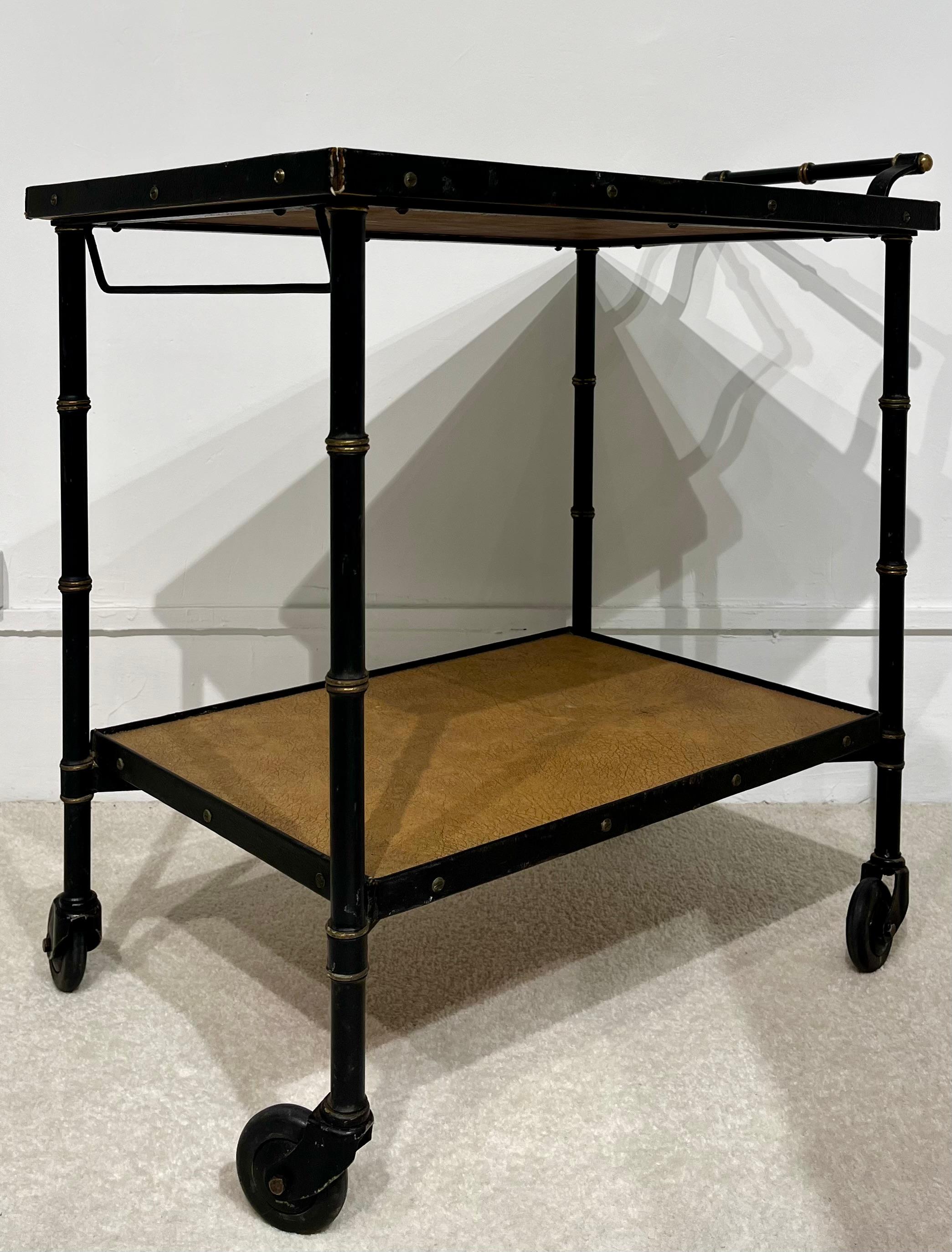 Amsterdam School Jacques Adnet : Rolling leather and black lacquered metal cart, c. 1950, France