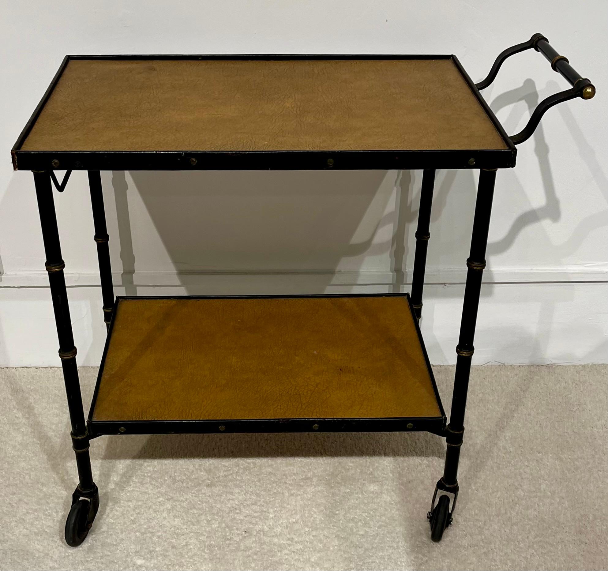 20th Century Jacques Adnet : Rolling leather and black lacquered metal cart, c. 1950, France