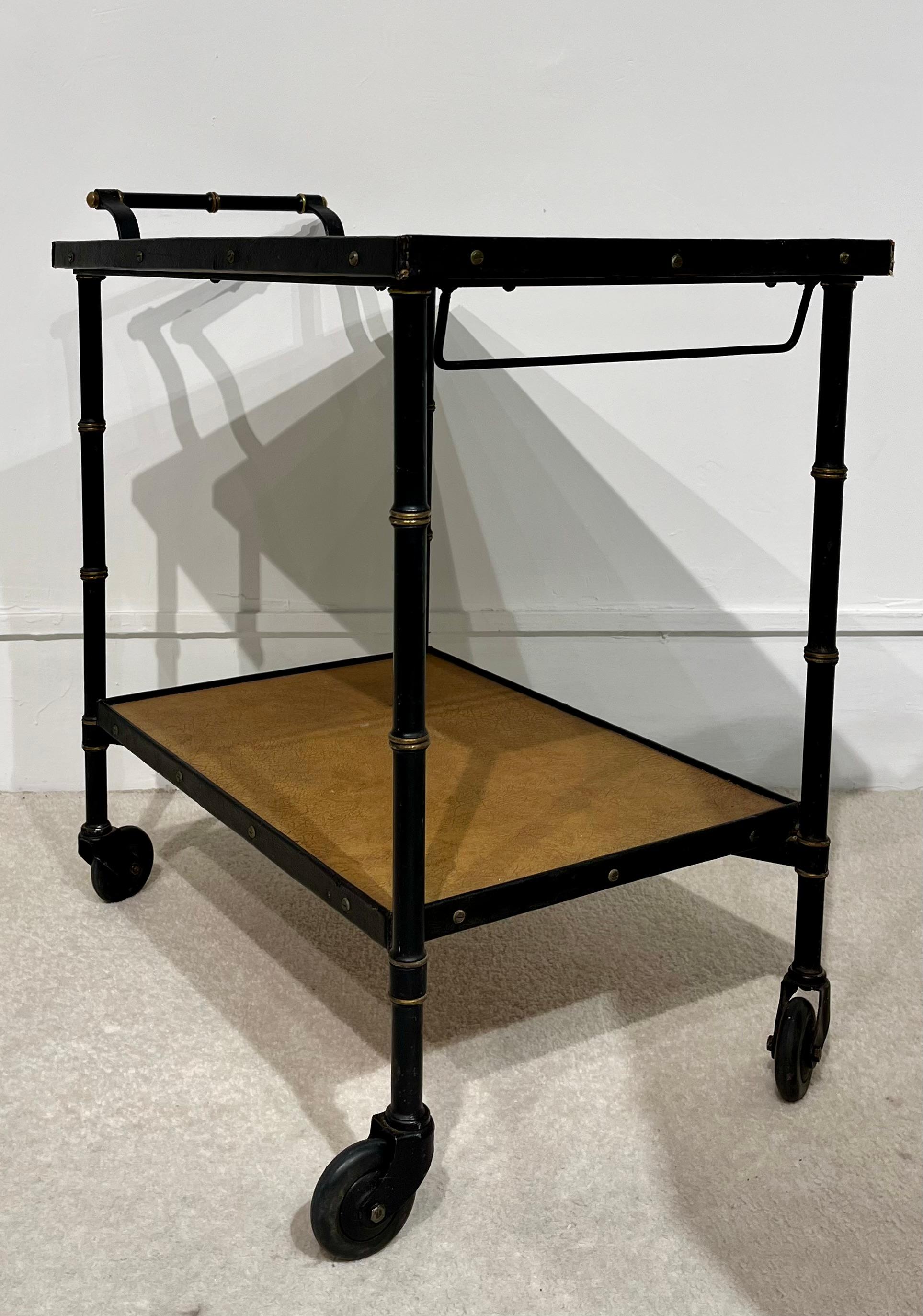 Metal Jacques Adnet : Rolling leather and black lacquered metal cart, c. 1950, France