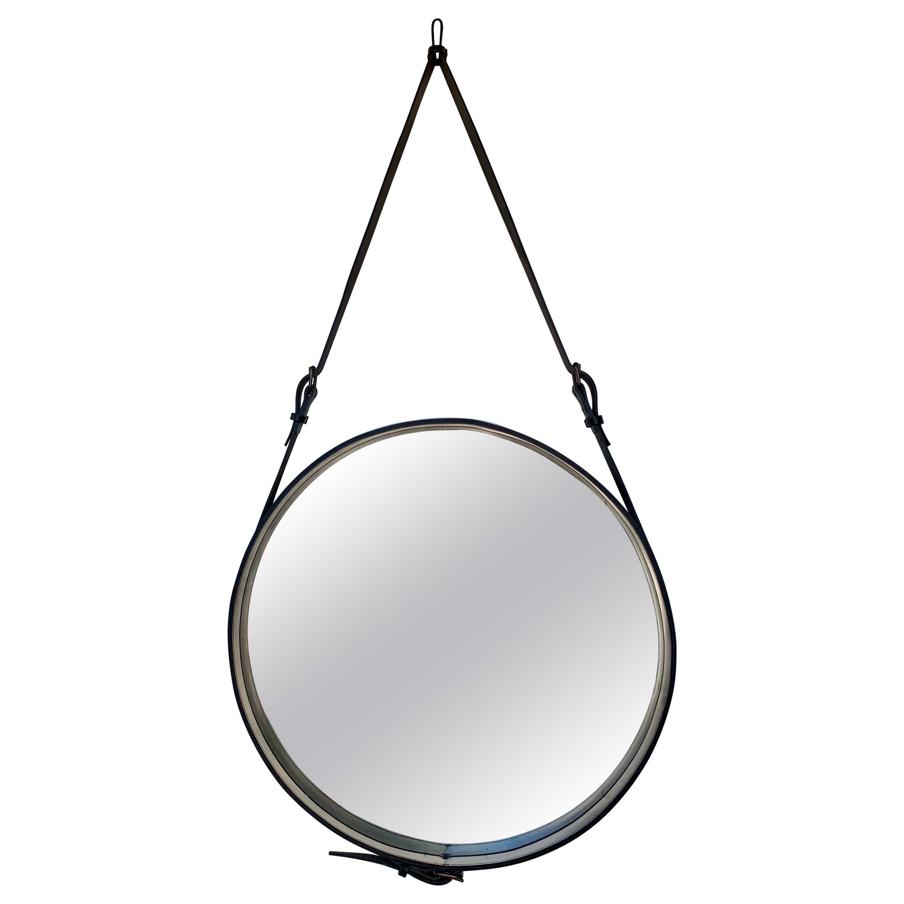 Jacques Adnet Round Black Saddle Leather Wall Mirror