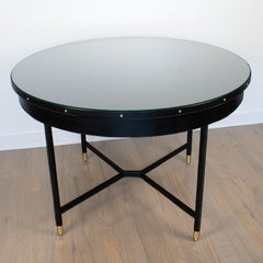 Jacques Adnet Round Dining Table, Stitched Black Leather and Brass, circa 1950