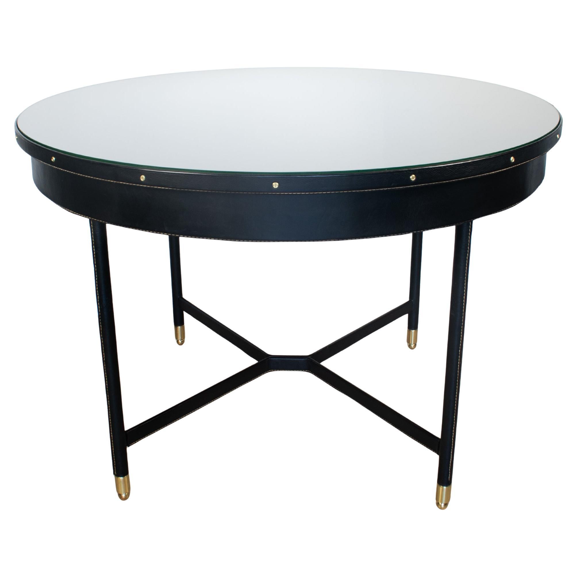 Jacques Adnet Round Dining Table, Stitched Black Leather and Brass, circa 1950 For Sale