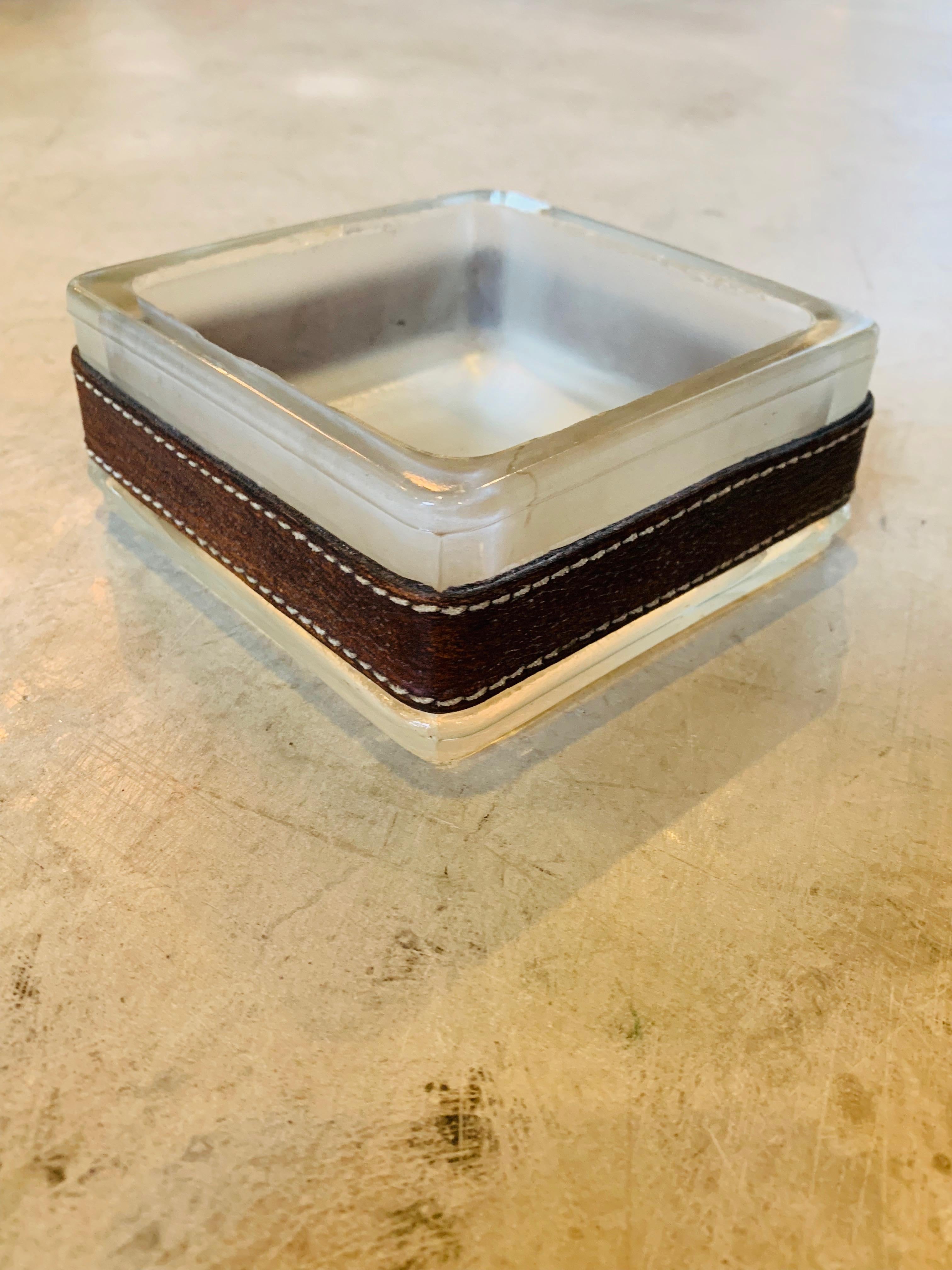 Jacques Adnet Saddle Leather and Glass Catchall In Good Condition In Los Angeles, CA