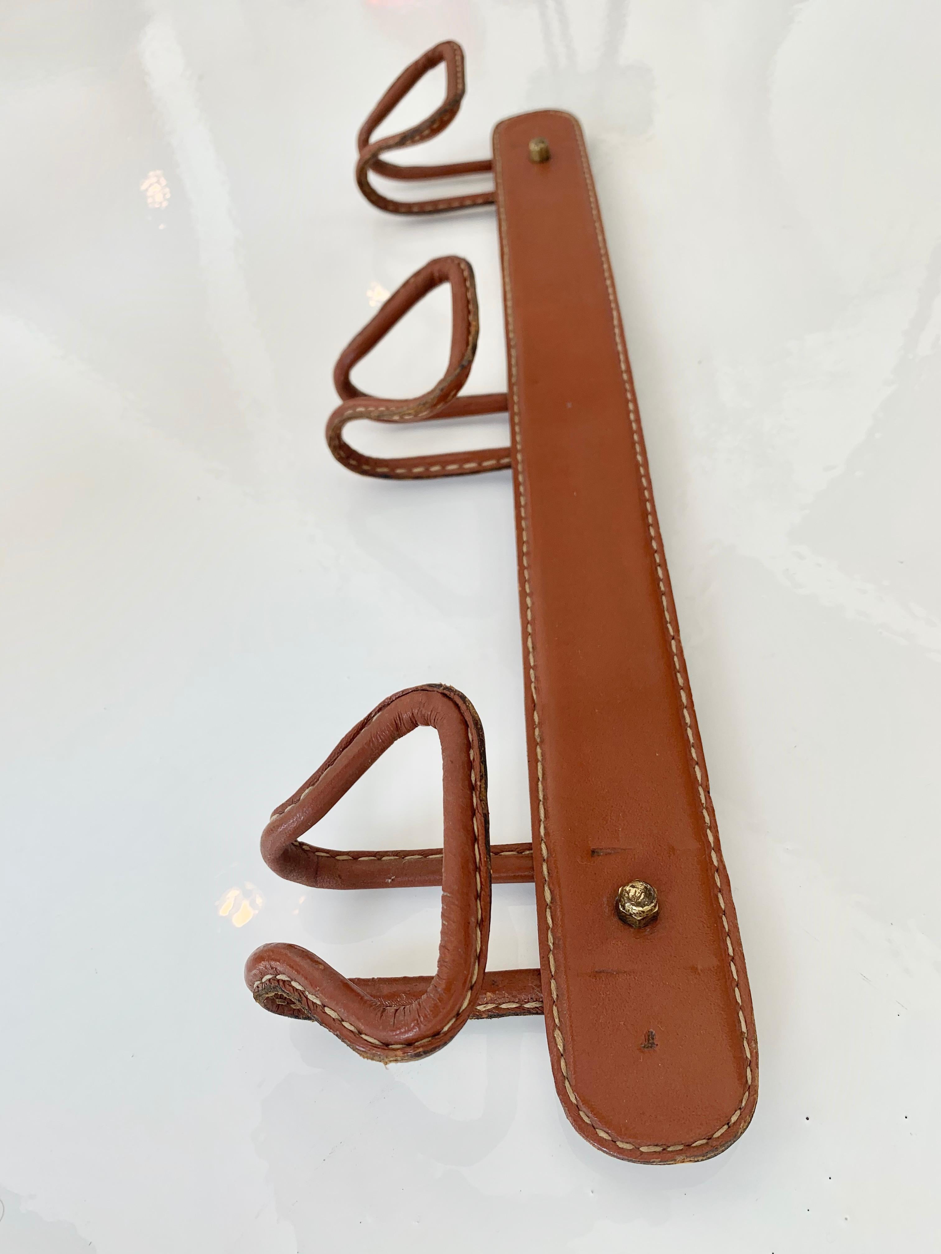 Mid-20th Century Jacques Adnet Saddle Leather Coat Rack