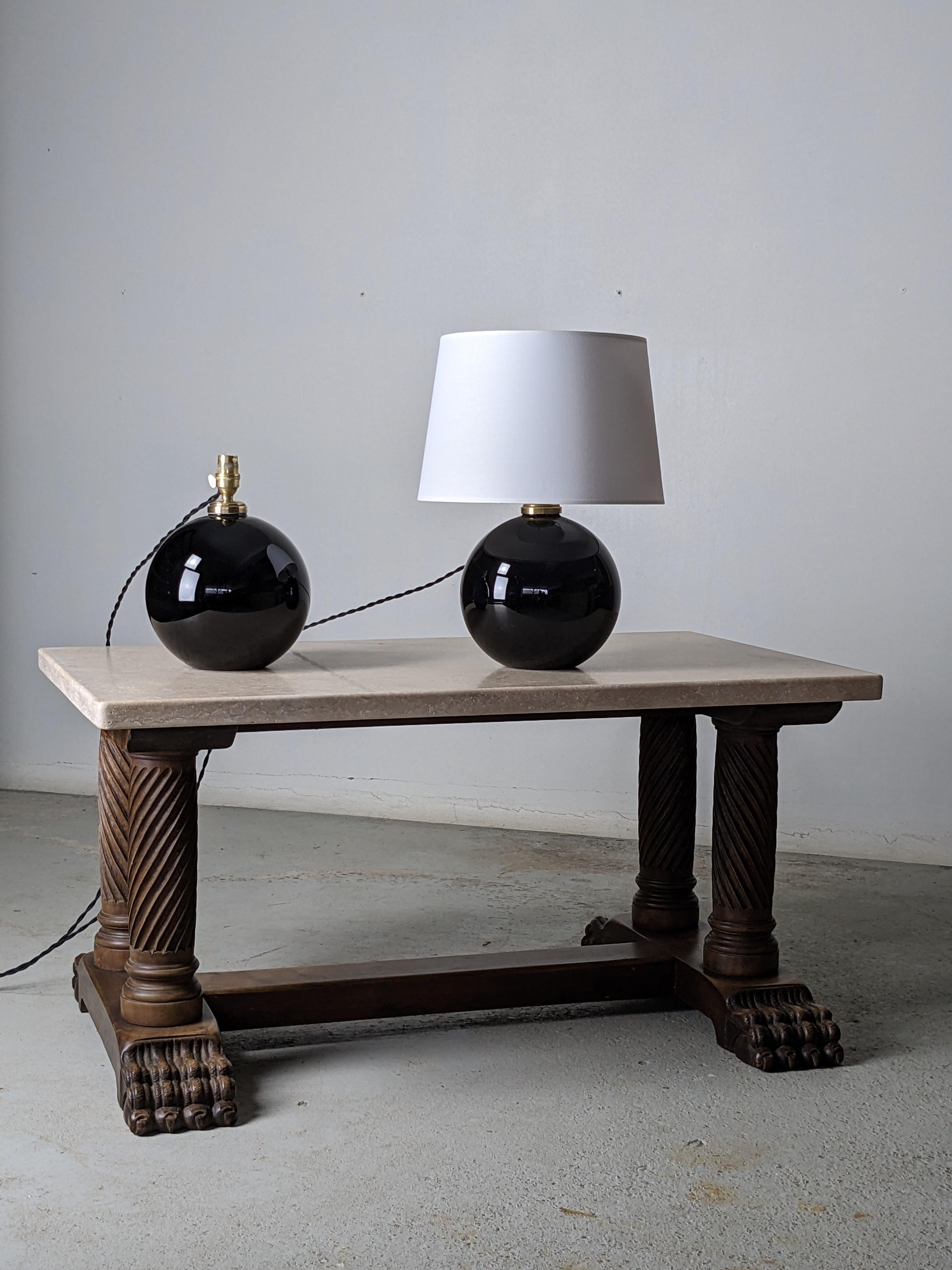 Jacques Adnet Set of Two Spherical Table Lamps, Black Opaline Glass, France 1930 1