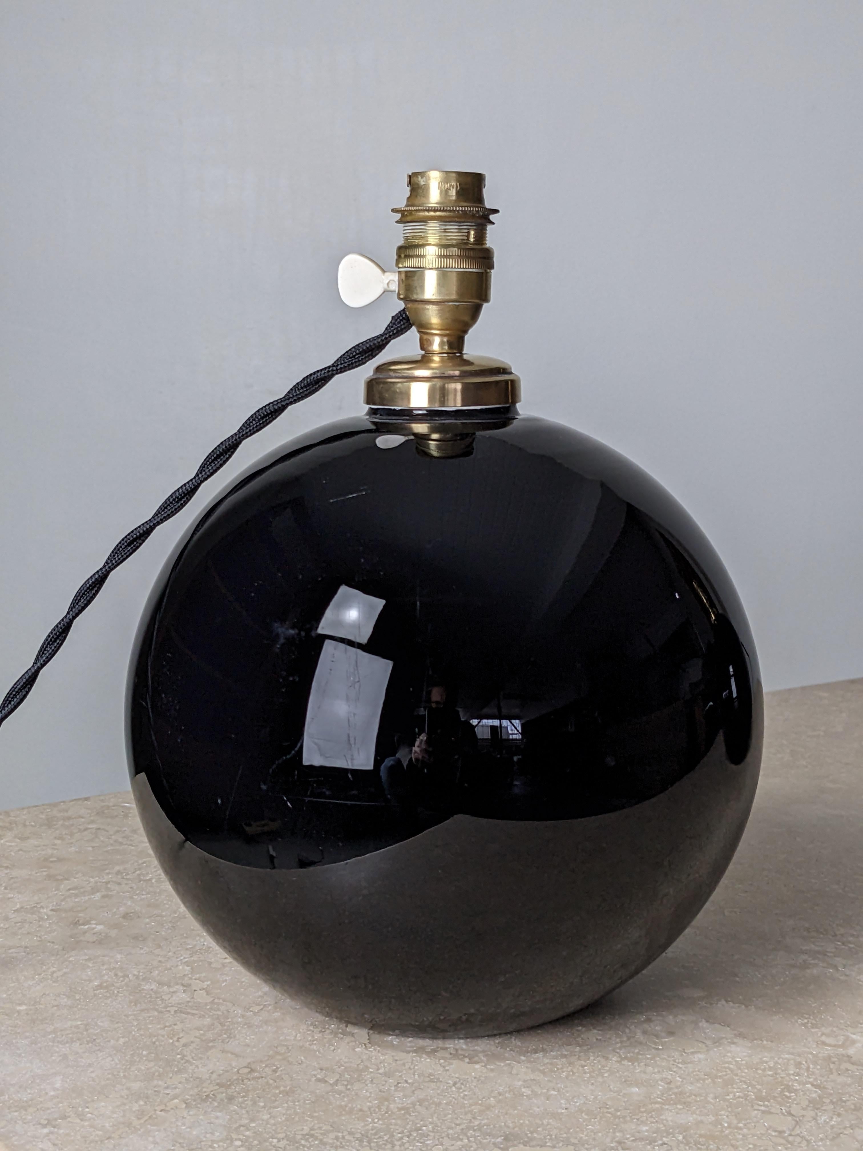 Jacques Adnet Set of Two Spherical Table Lamps, Black Opaline Glass, France 1930 3