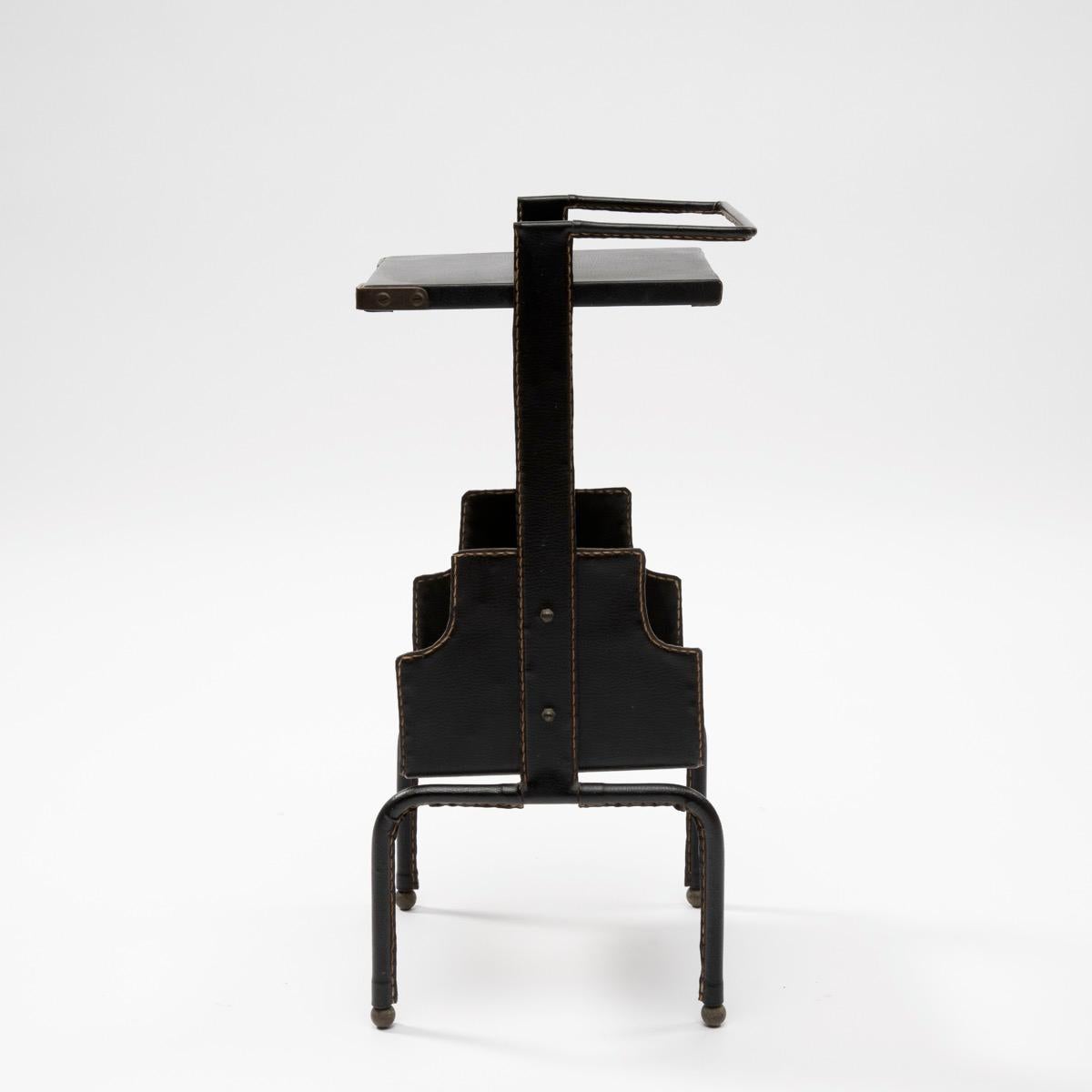 French Jacques Adnet, Side Table Covered with Black Leather Saddle Stiched