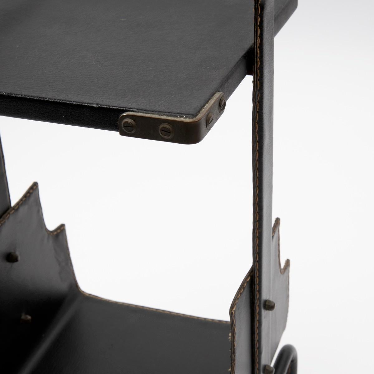 Mid-20th Century Jacques Adnet, Side Table Covered with Black Leather Saddle Stiched