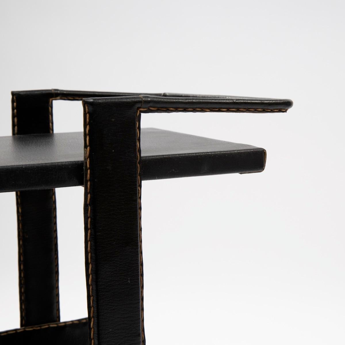 Brass Jacques Adnet, Side Table Covered with Black Leather Saddle Stiched