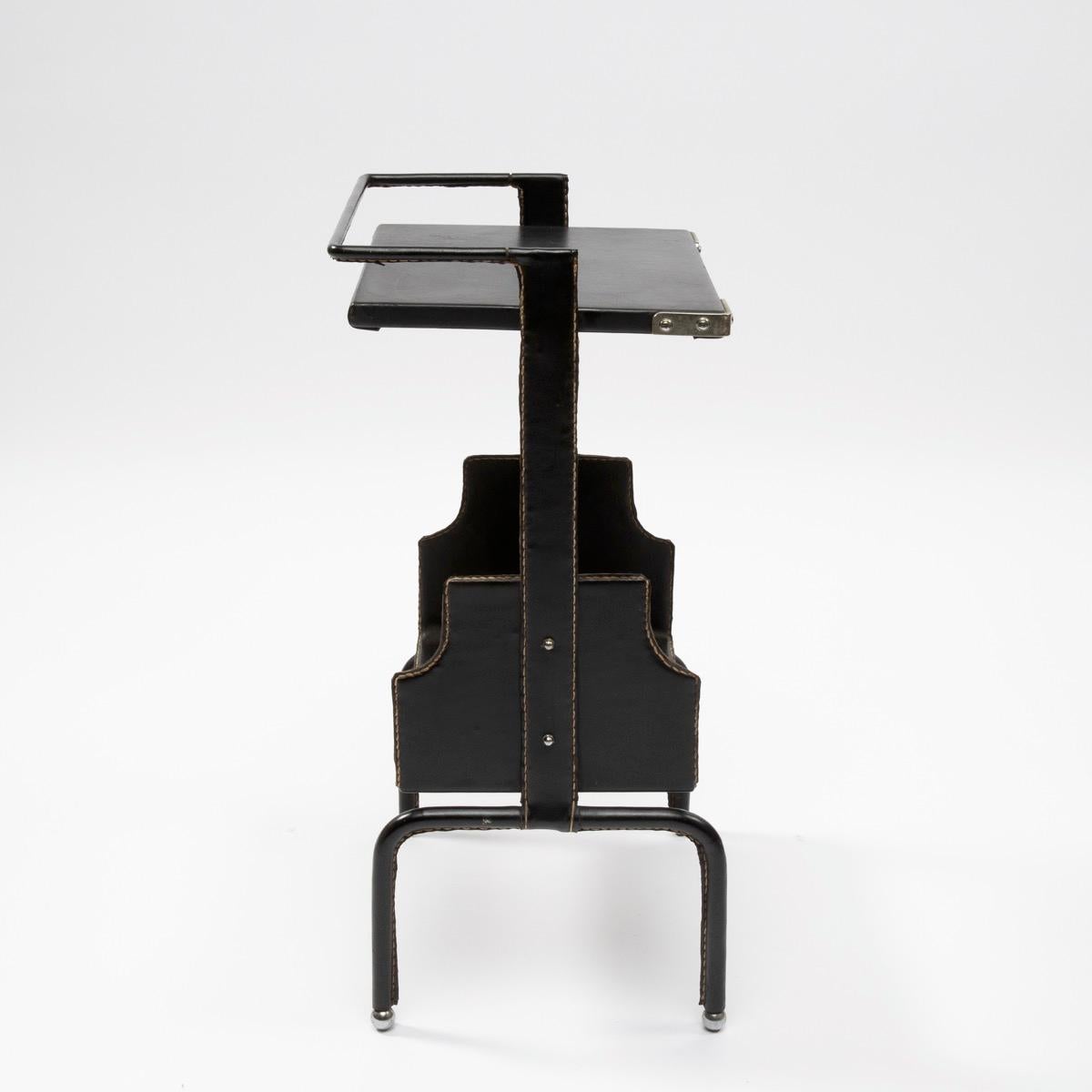 French Jacques Adnet, Side Table Covered with Black Leather Saddle Stitched