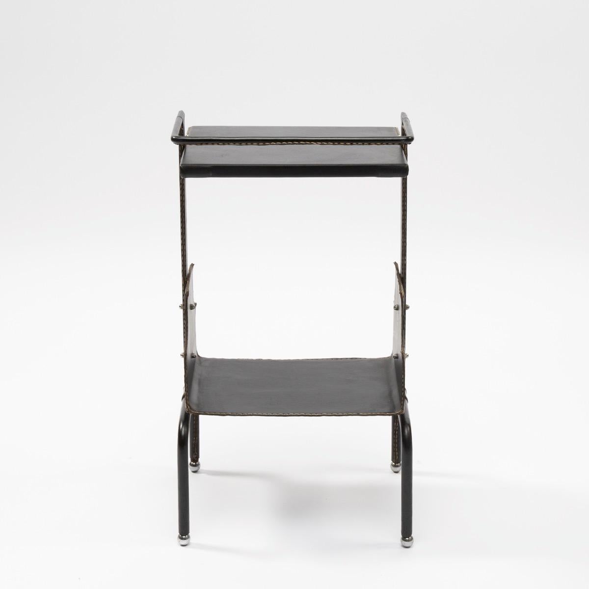 Jacques Adnet, Side Table Covered with Black Leather Saddle Stitched In Good Condition In Brussels, BE