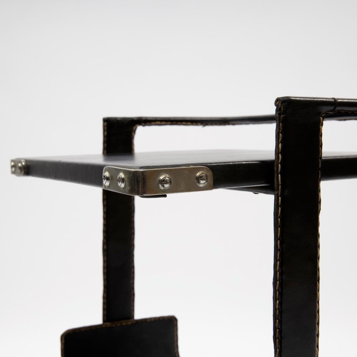 Mid-20th Century Jacques Adnet, Side Table Covered with Black Leather Saddle Stitched
