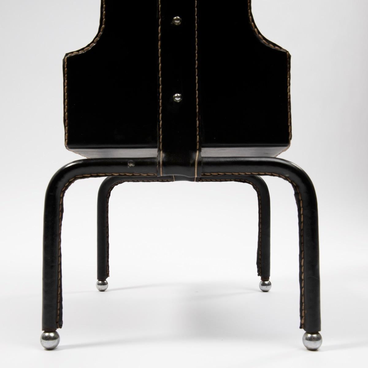 Jacques Adnet, Side Table Covered with Black Leather Saddle Stitched 1