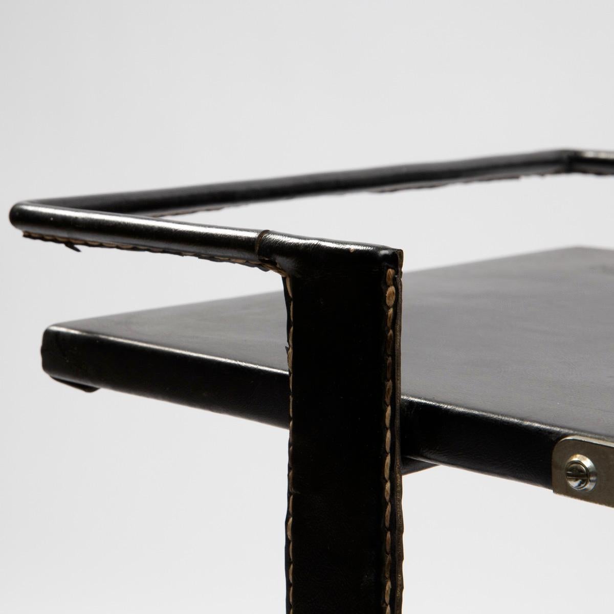 Jacques Adnet, Side Table Covered with Black Leather Saddle Stitched 2