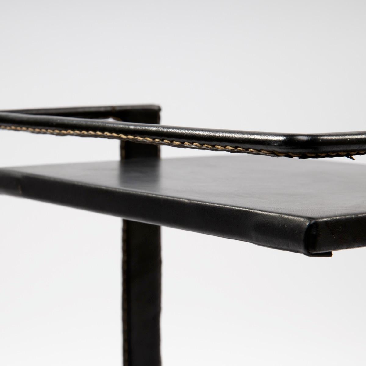 Jacques Adnet, Side Table Covered with Black Leather Saddle Stitched 3