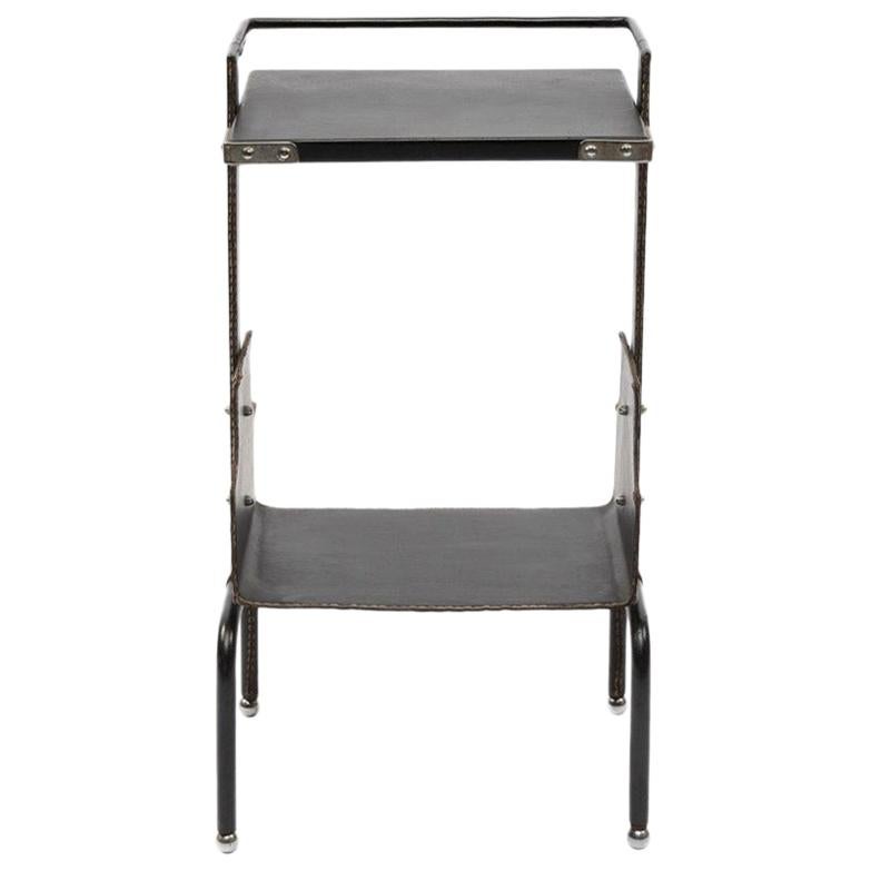 Jacques Adnet, Side Table Covered with Black Leather Saddle Stitched
