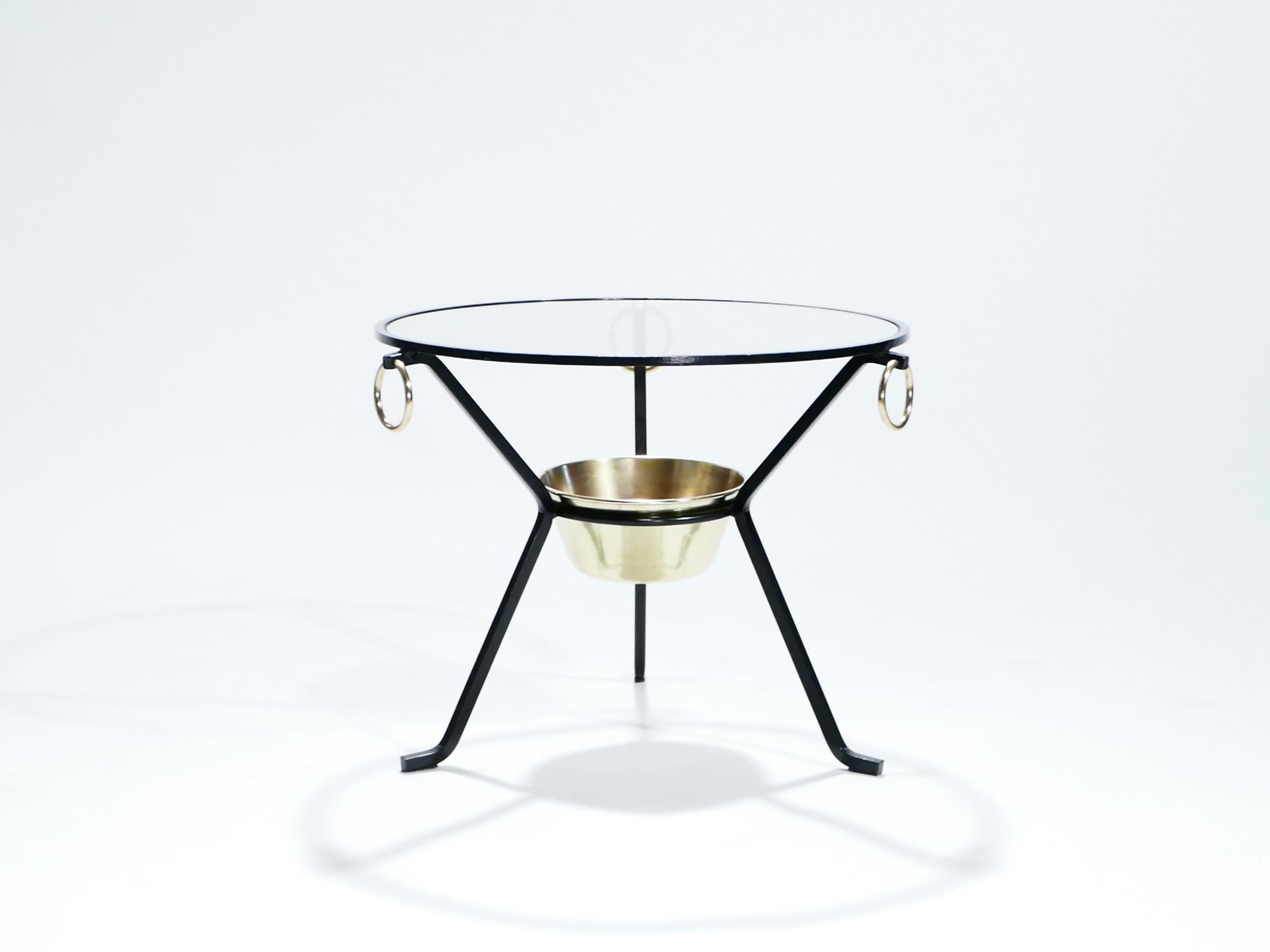 Mid-Century Modern Jacques Adnet Side Table Gueridon Iron and Brass, 1950s