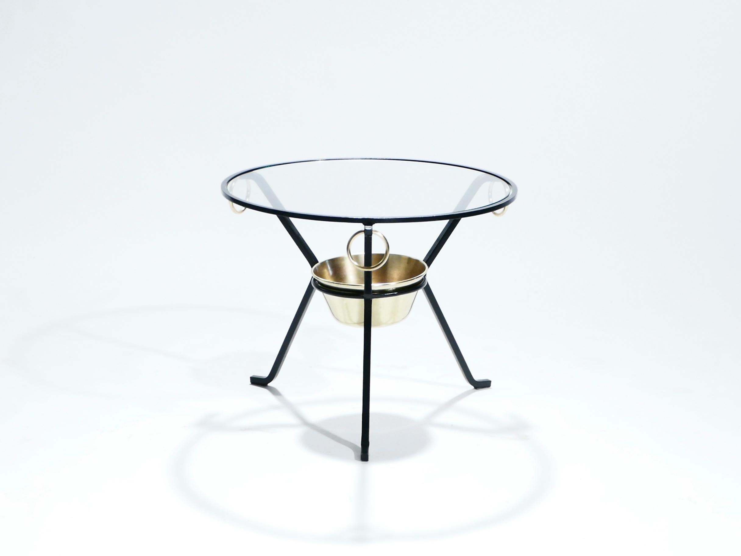 French Jacques Adnet Side Table Gueridon Iron and Brass, 1950s