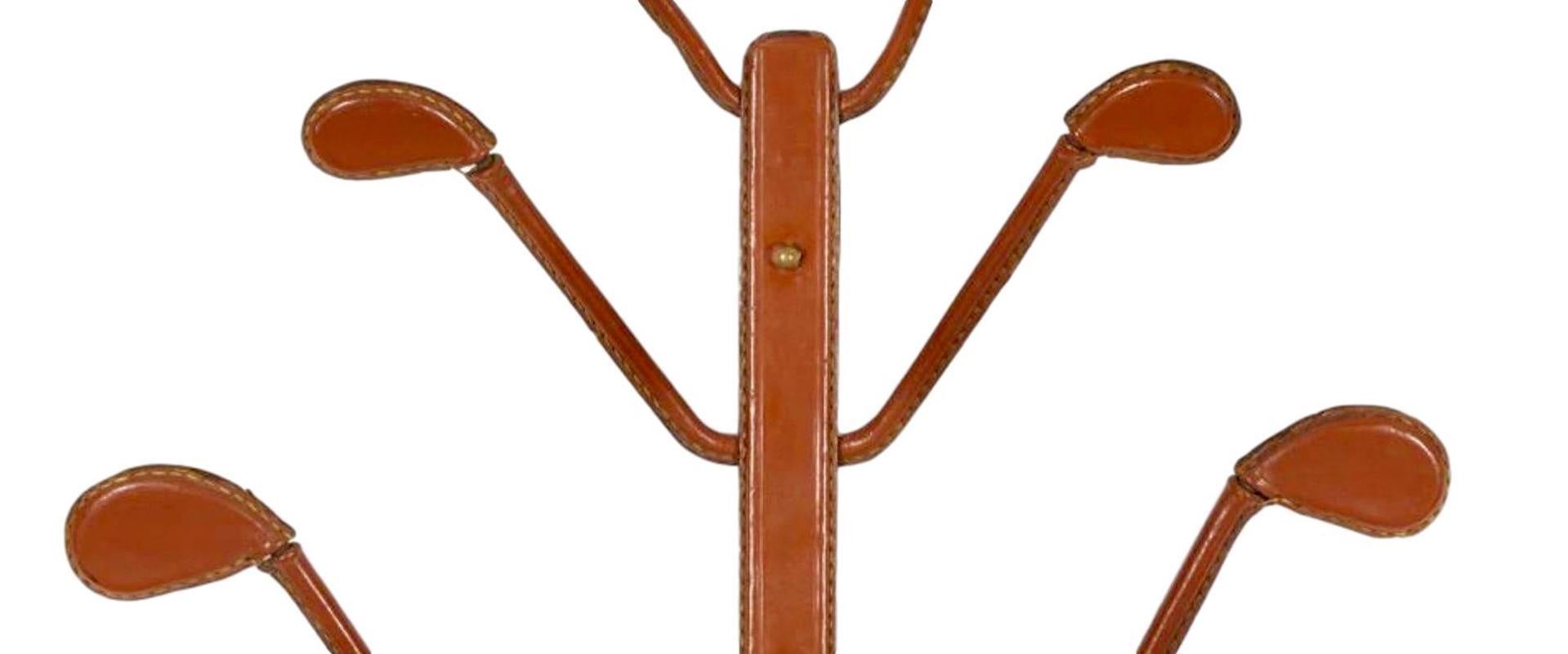 French Jacques Adnet Six-Arm Leather Coat Rack