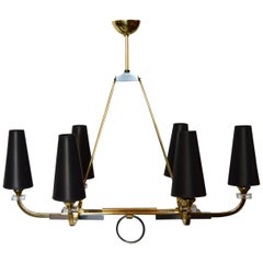 Jacques Adnet Six-Light Chandelier Brass & Gunmetal France 1950 - Pair available