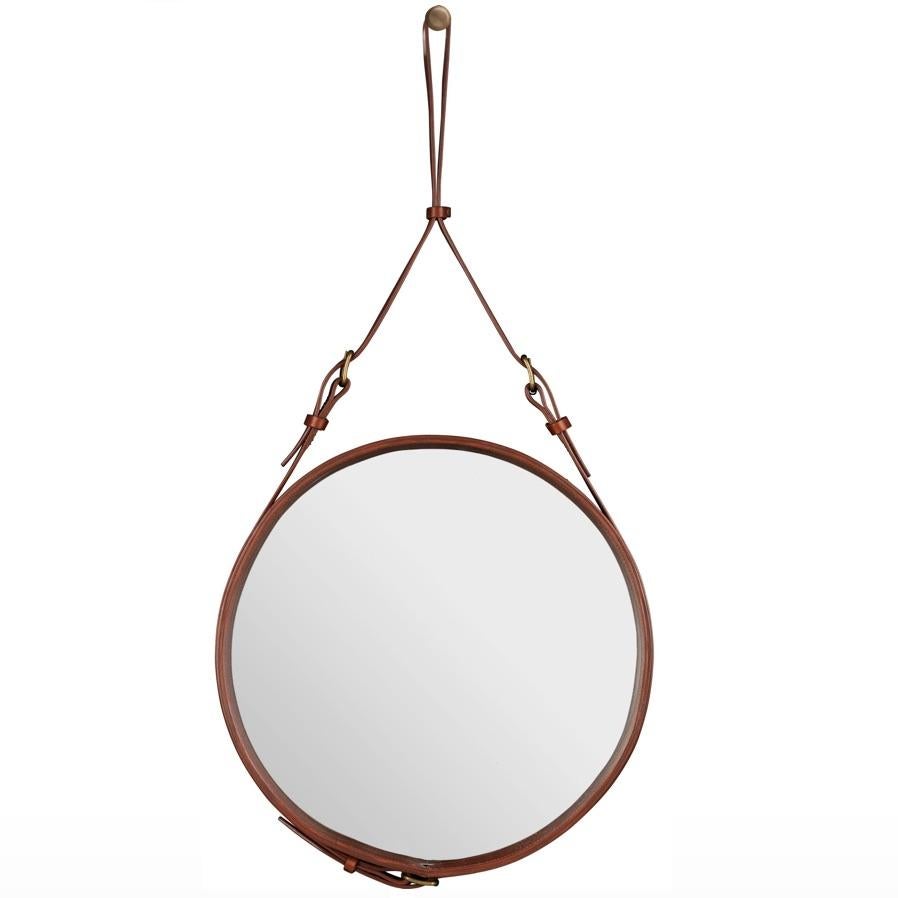 Contemporary Jacques Adnet Small Circulaire Mirror with Black Leather