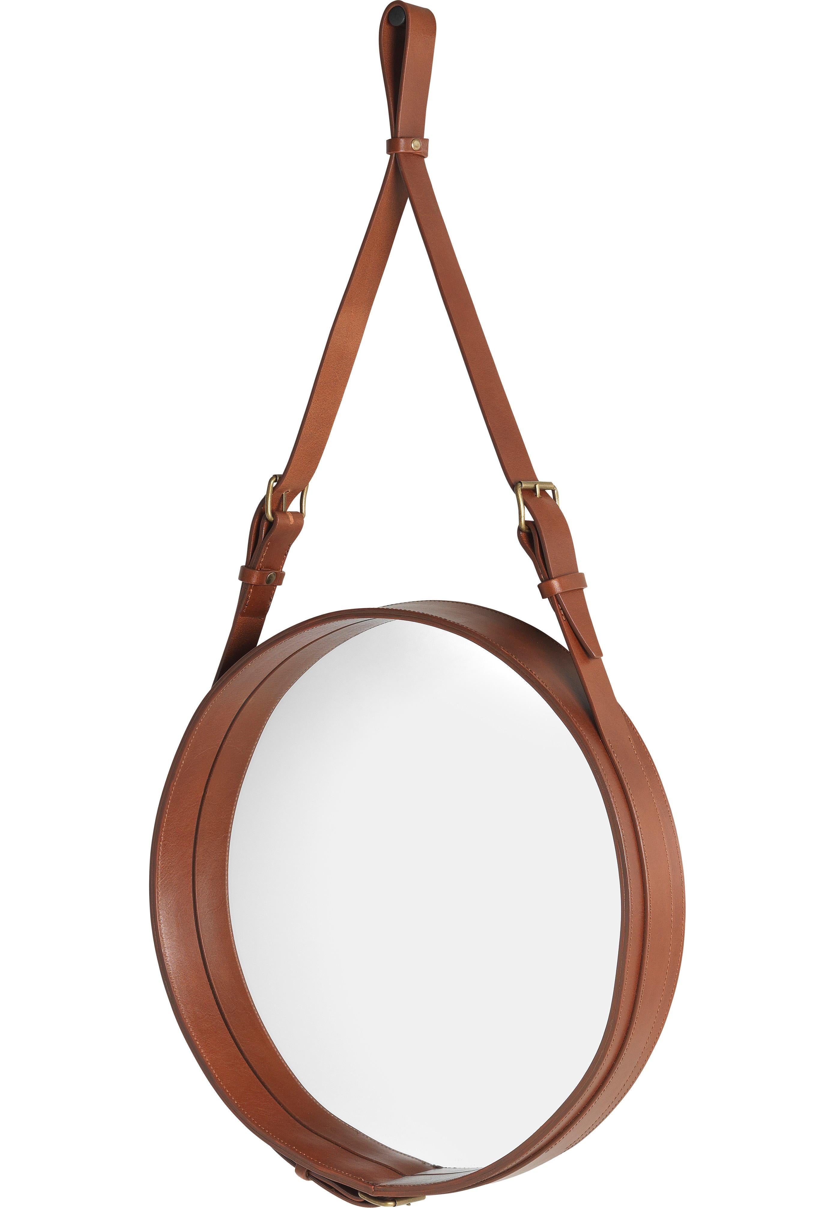 Contemporary Jacques Adnet Small Circulaire Mirror with Black Leather For Sale