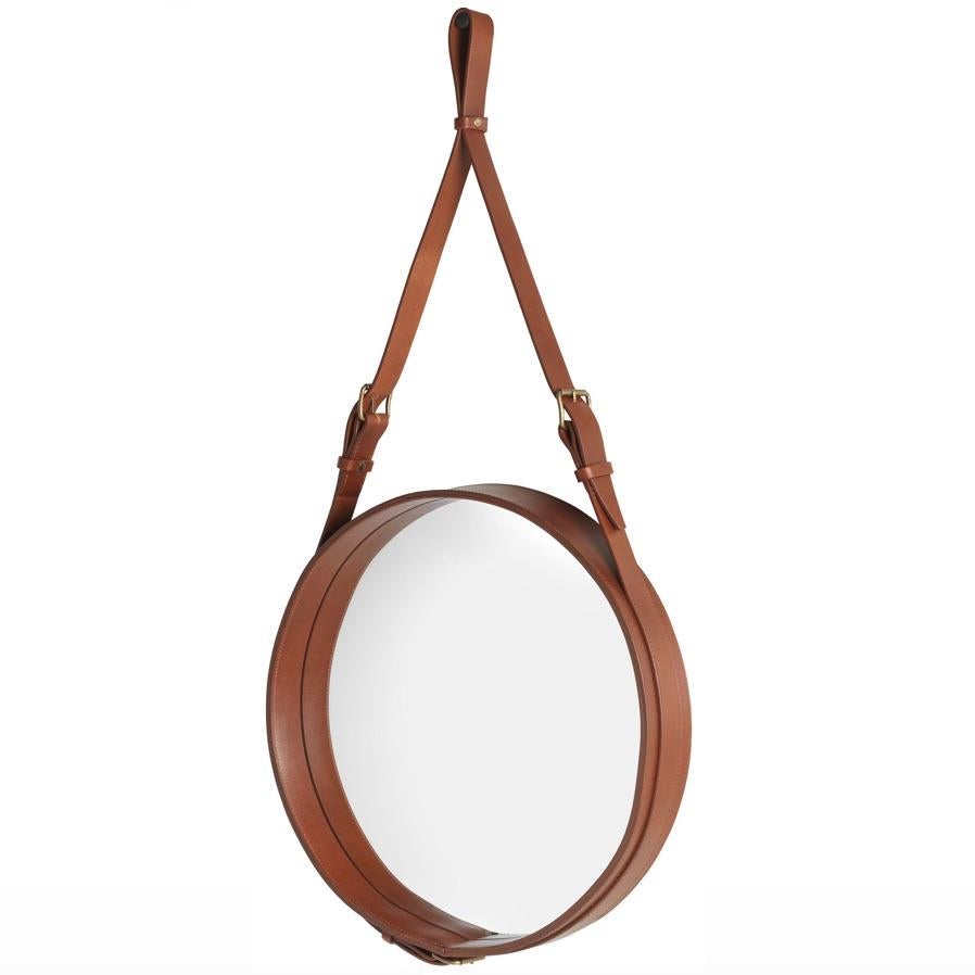 Brass Jacques Adnet Small Circulaire Mirror with Black Leather