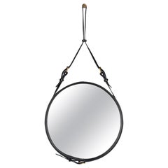 Jacques Adnet Small Circulaire Mirror with Black Leather