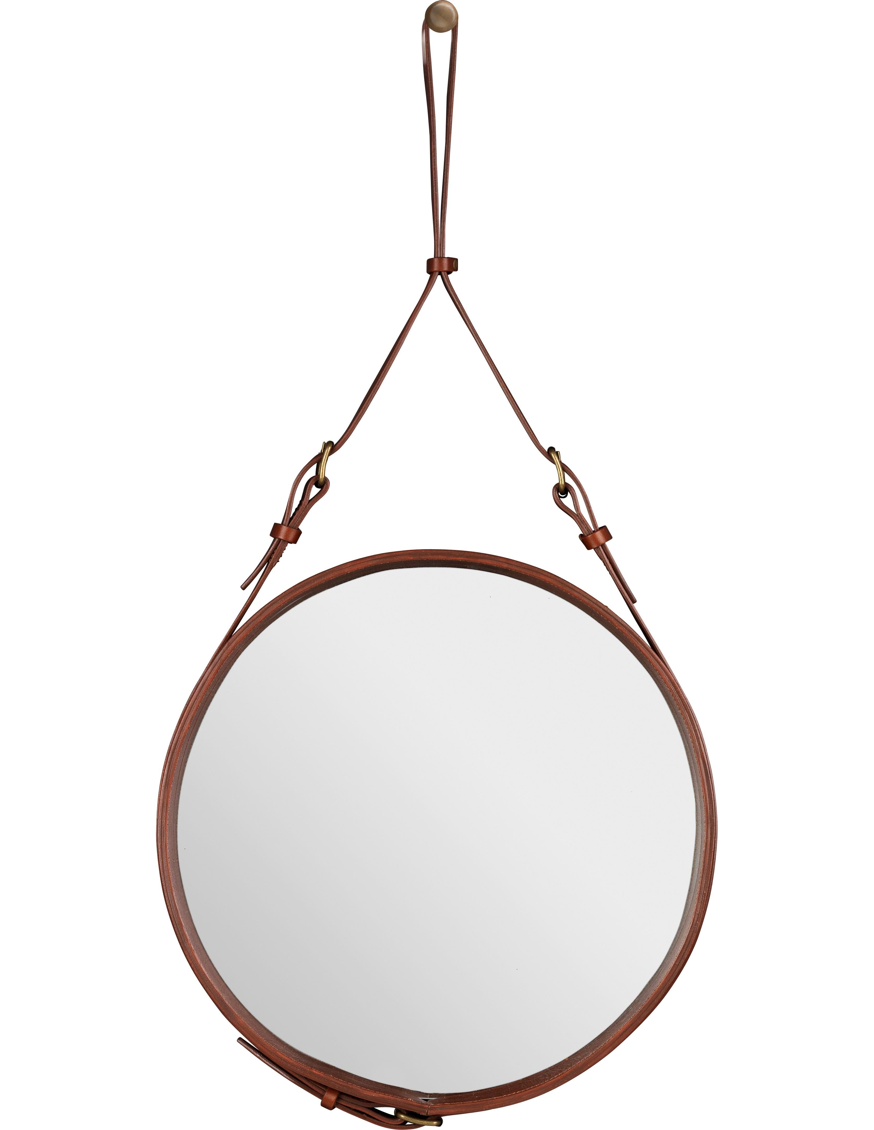 Jacques Adnet petit miroir Circulaire avec cuir brun. Conçu en 1950 par Jacques Adnet et exécuté en cuir, laiton et verre. Le miroir Circulaire est le résultat d'un partenariat entre Adnet et la maison de couture française exclusive Hermès, où Adnet