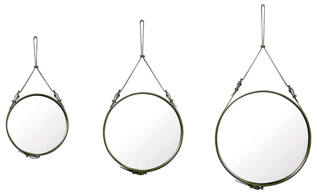 Mid-Century Modern Petit Miroir Circulaire avec Cuir Brun Jacques Adnet  en vente