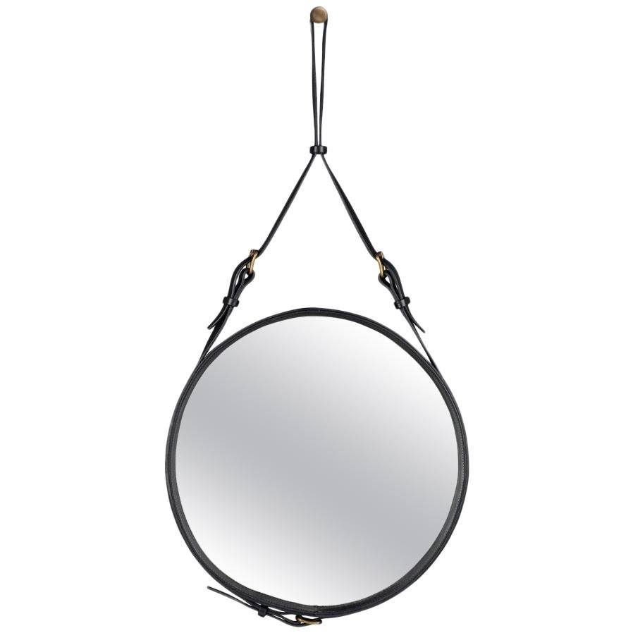 Contemporary Jacques Adnet Small Circulaire Mirror with Brown Leather