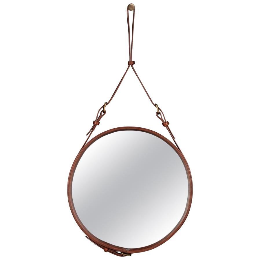 Jacques Adnet Small Circulaire Mirror with Brown Leather