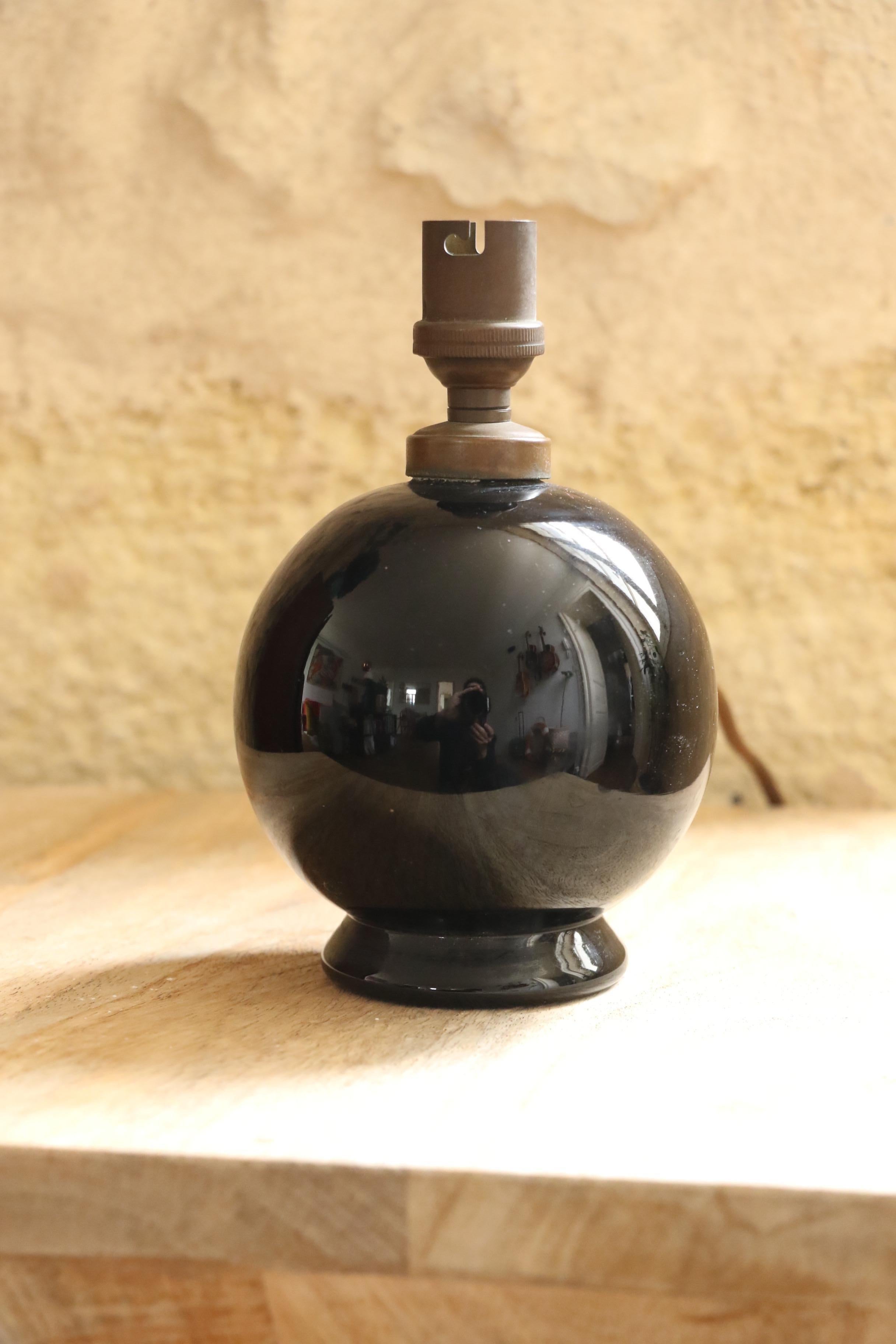 Mid-Century Modern Jacques Adnet Spherical Table Lamp, Black Opaline Glass, France 1930