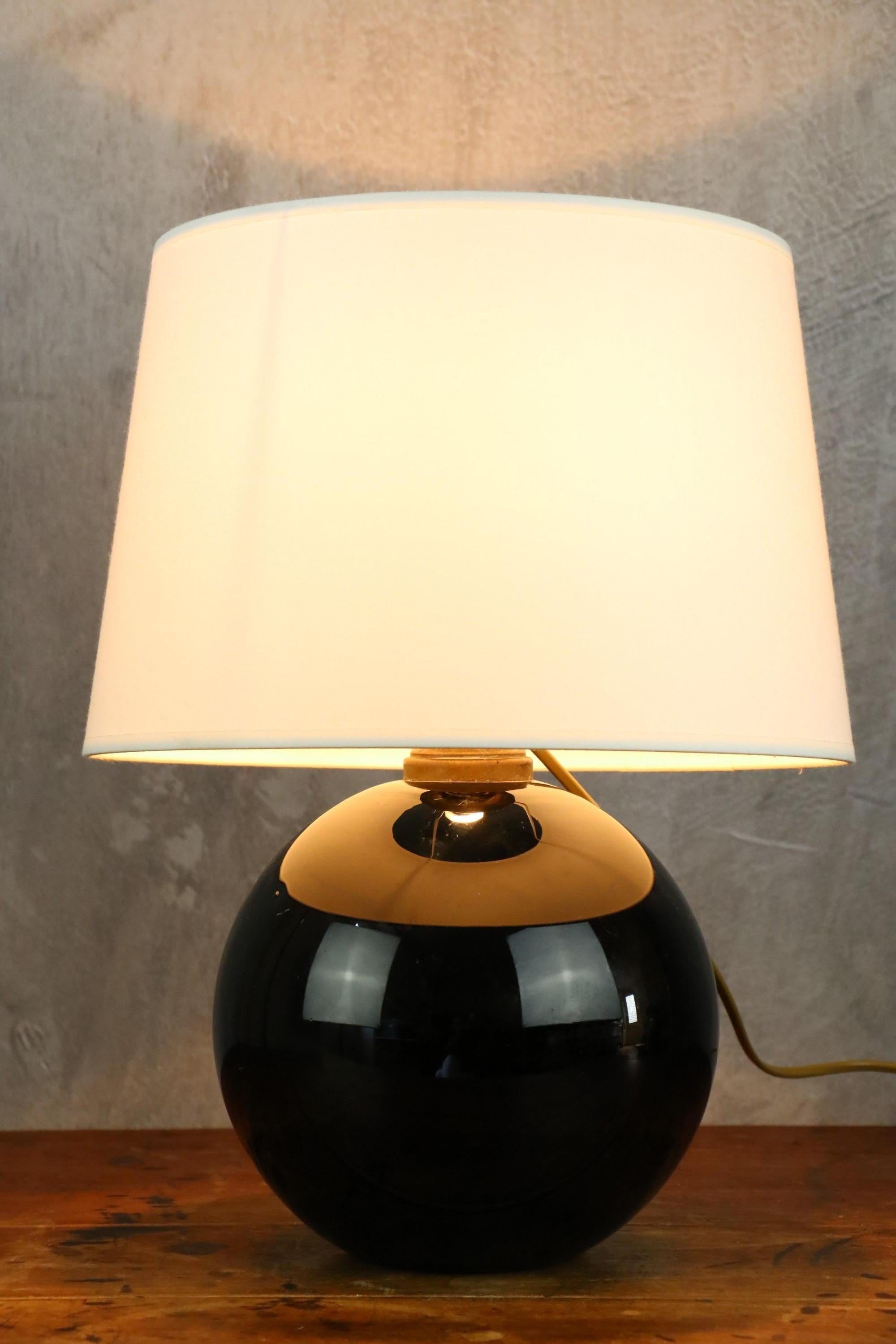 Art Deco Jacques Adnet Spherical Table Lamp, Black Opaline Glass, France 1930