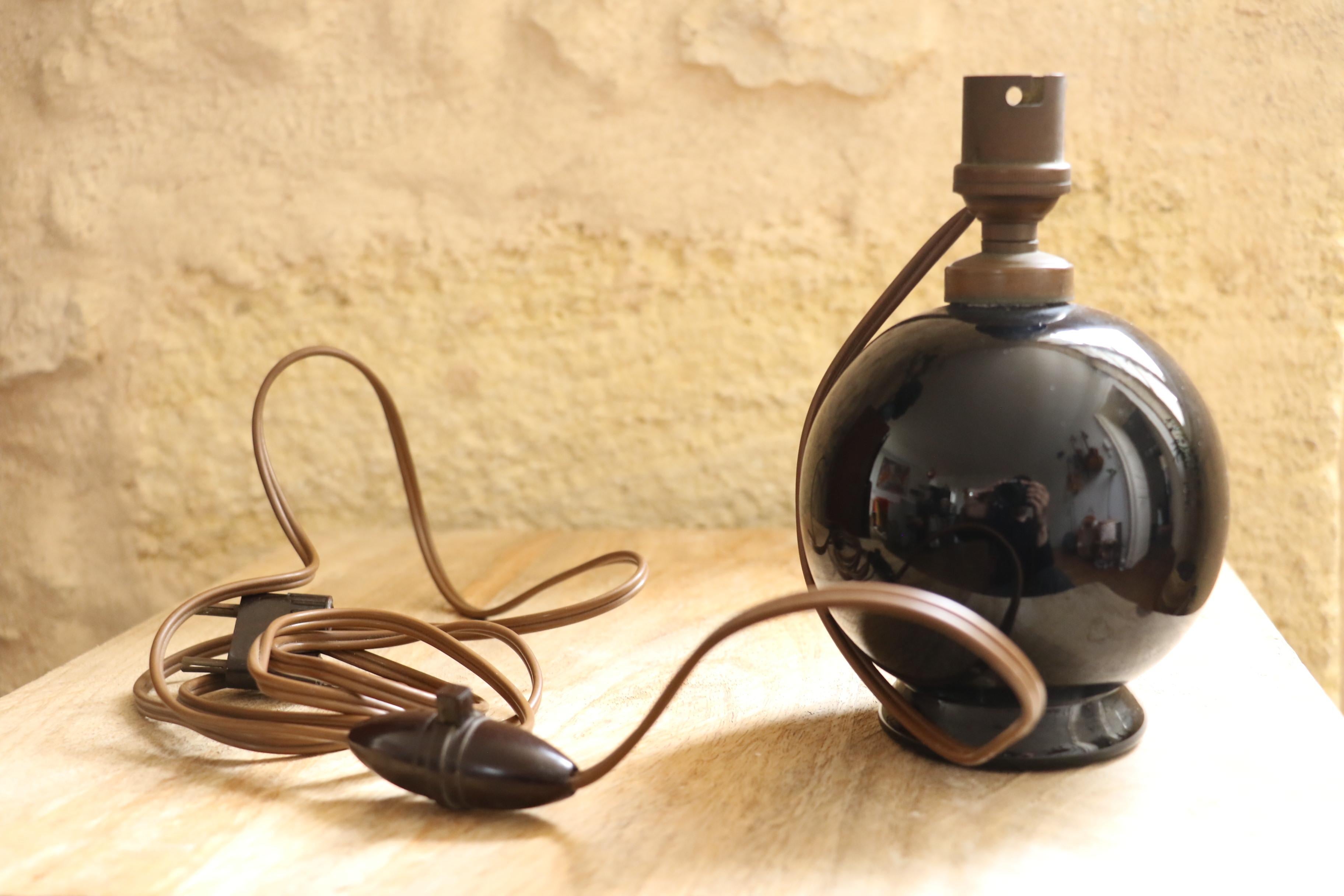 Metal Jacques Adnet Spherical Table Lamp, Black Opaline Glass, France 1930