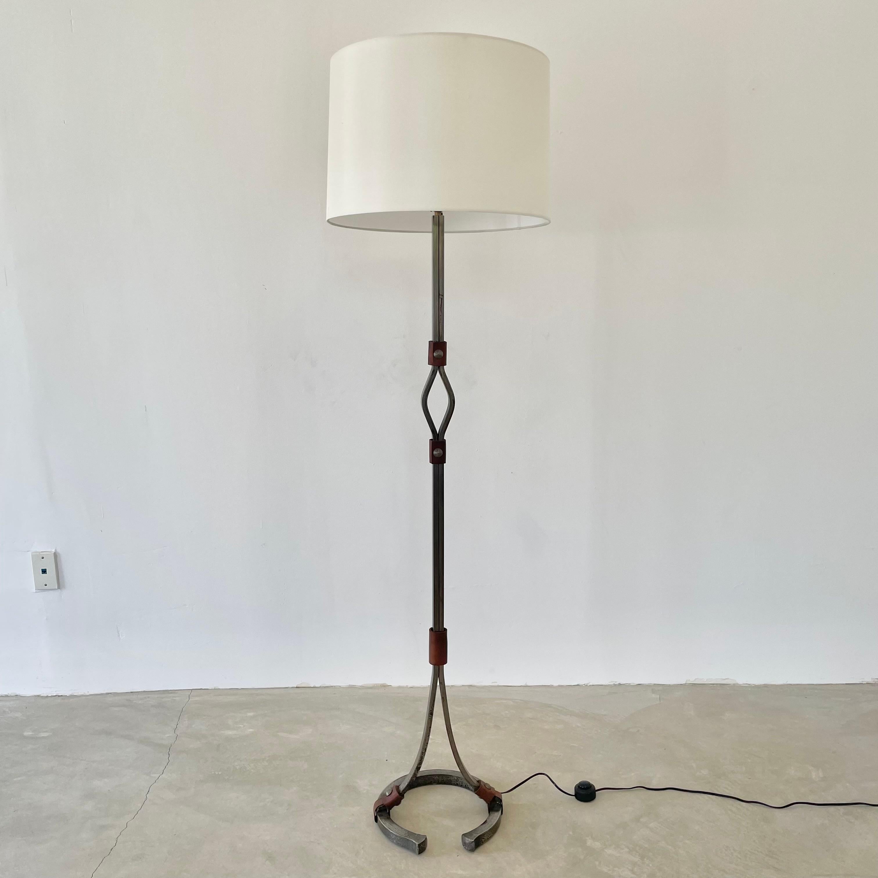 Jacques Adnet Steel and Leather Floor Lamp, 1950s France For Sale 3