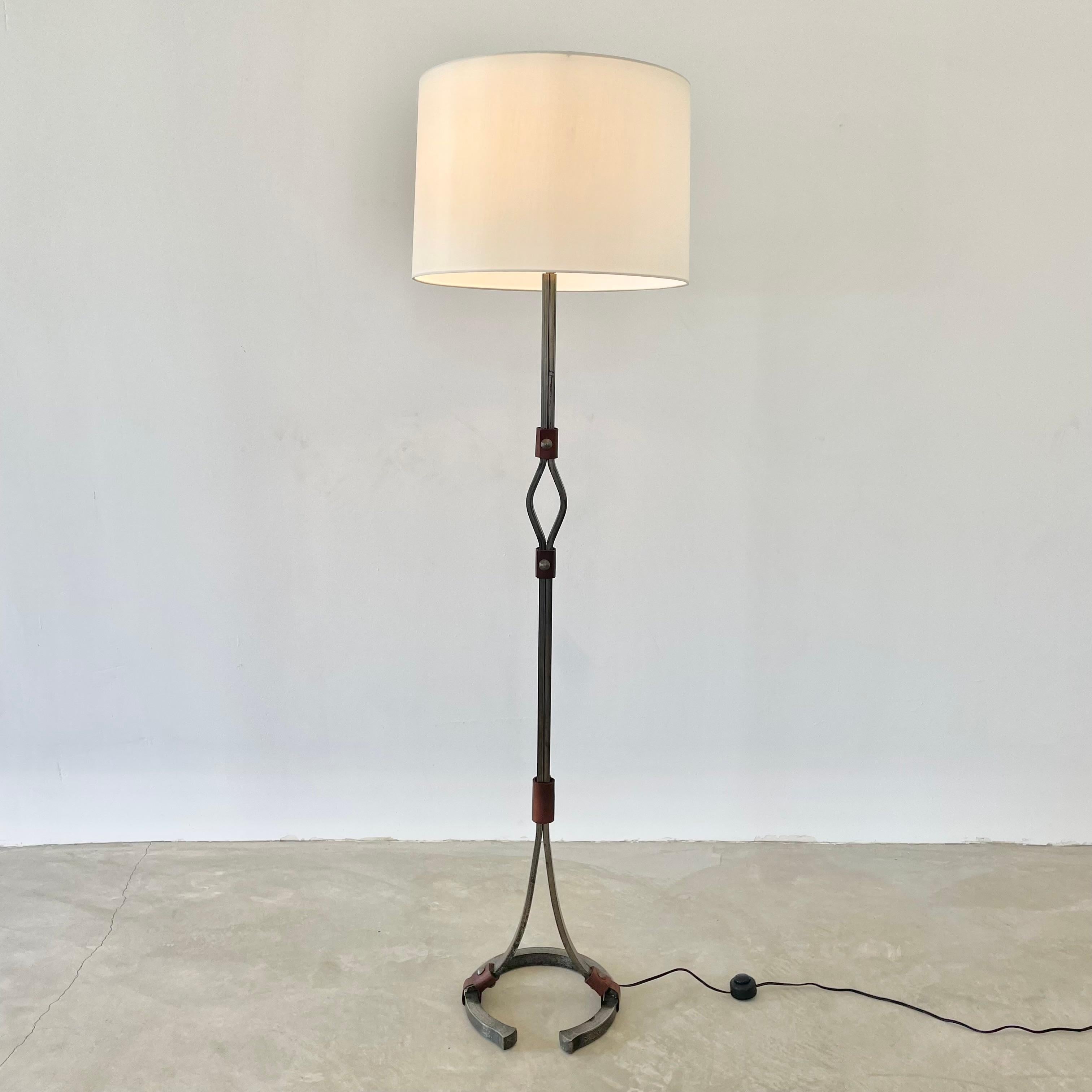 French Jacques Adnet Steel and Leather Floor Lamp, 1950s France For Sale