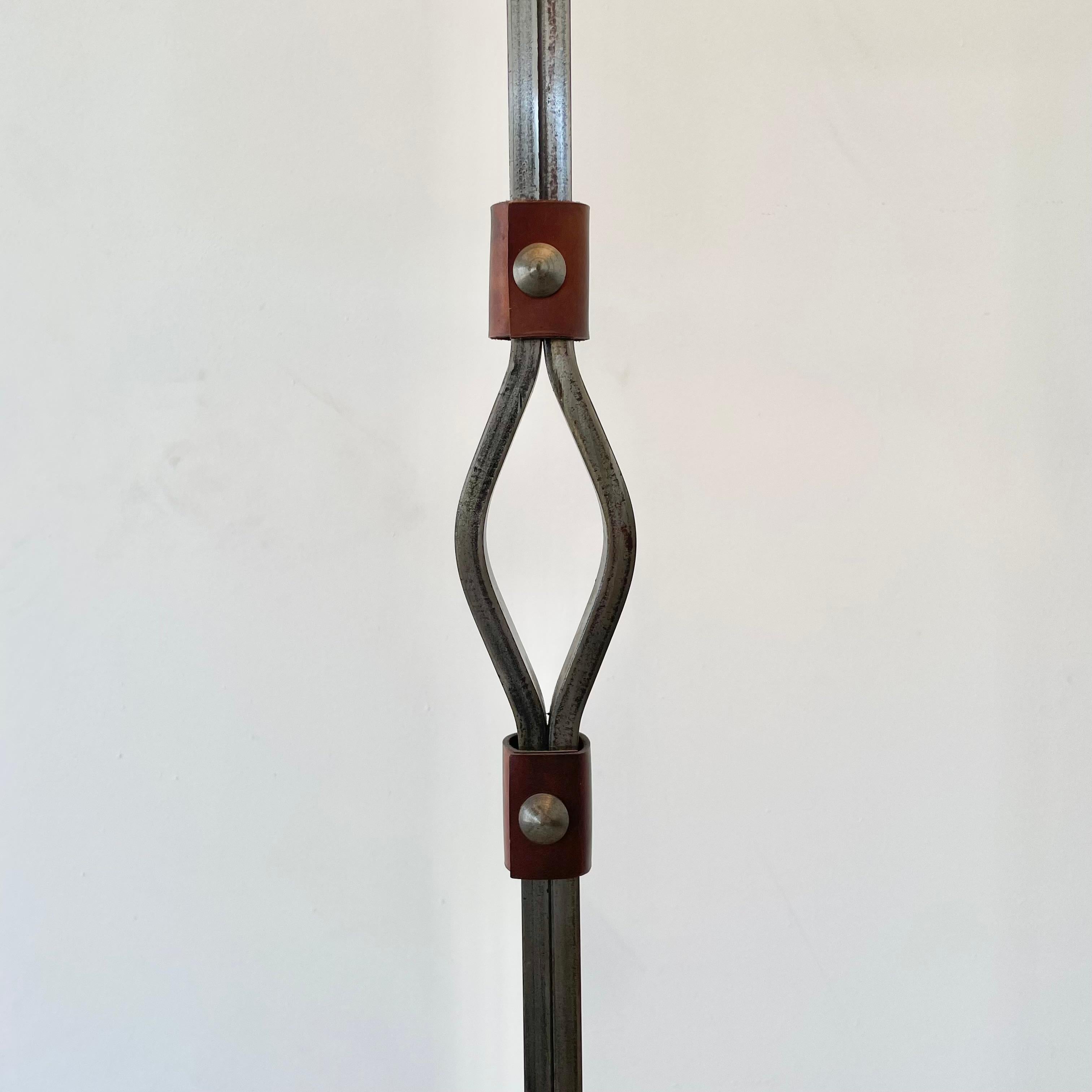 Jacques Adnet Steel and Leather Floor Lamp, 1950s France In Good Condition For Sale In Los Angeles, CA