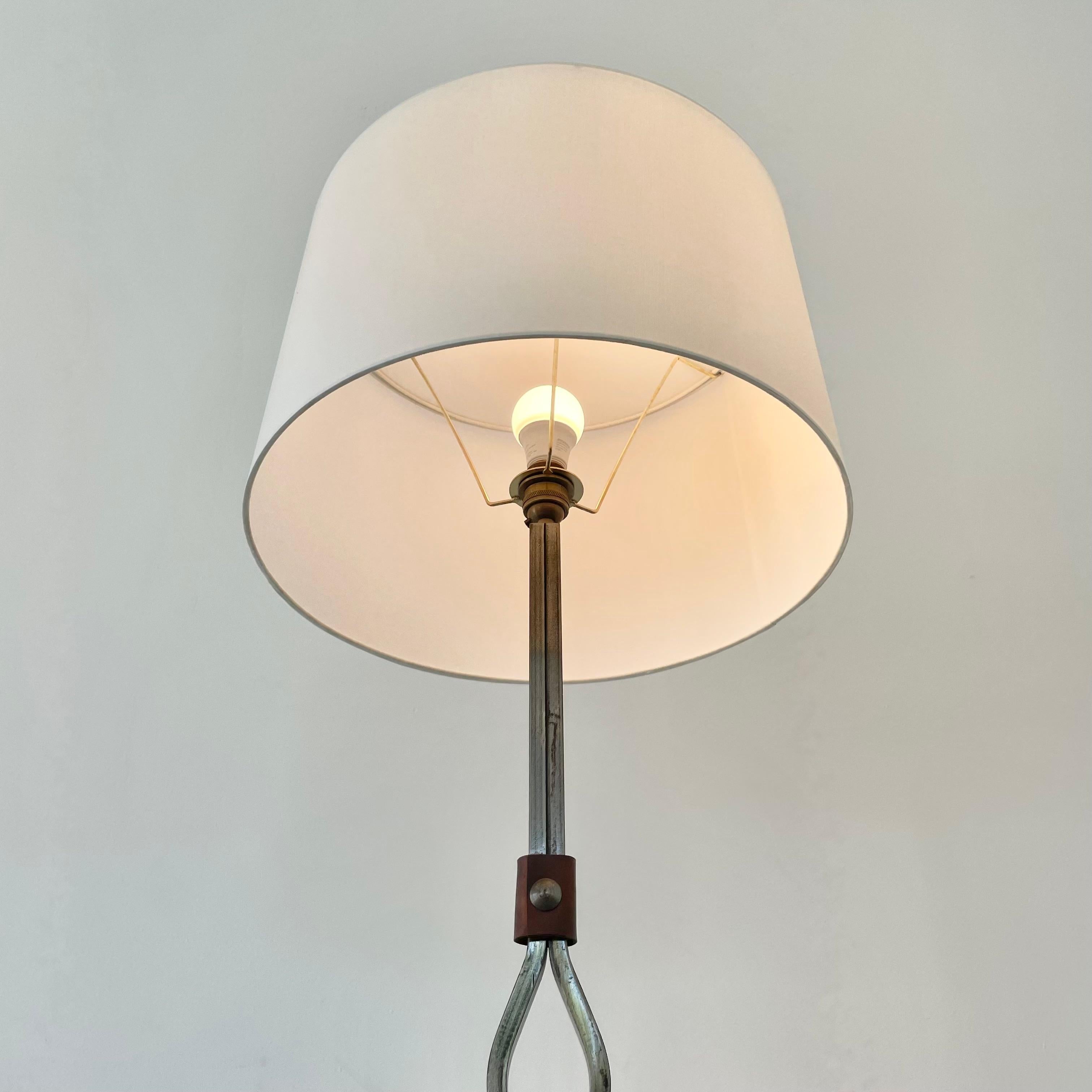 Mid-20th Century Jacques Adnet Steel and Leather Floor Lamp, 1950s France For Sale