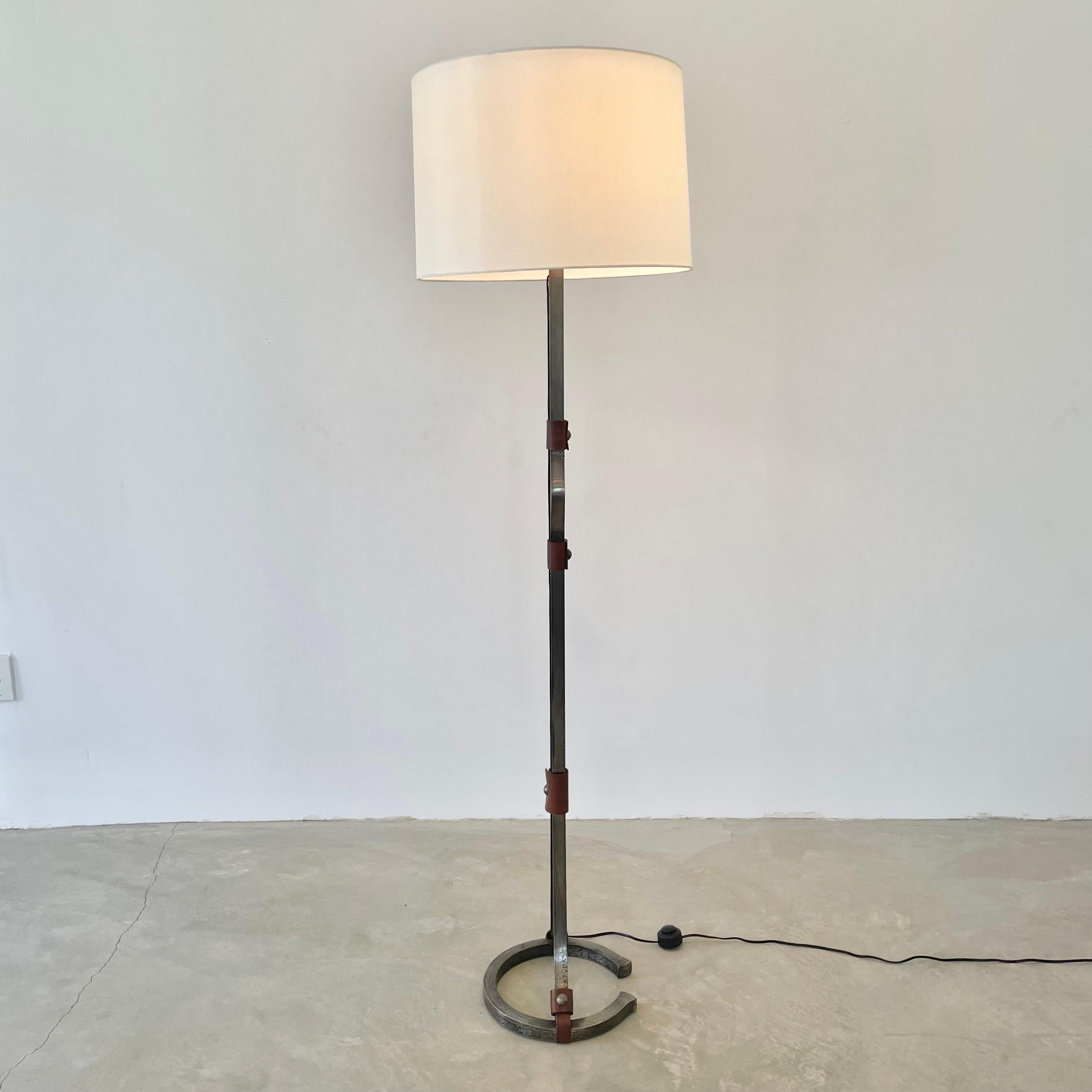 Metal Jacques Adnet Steel and Leather Floor Lamp, 1950s France For Sale
