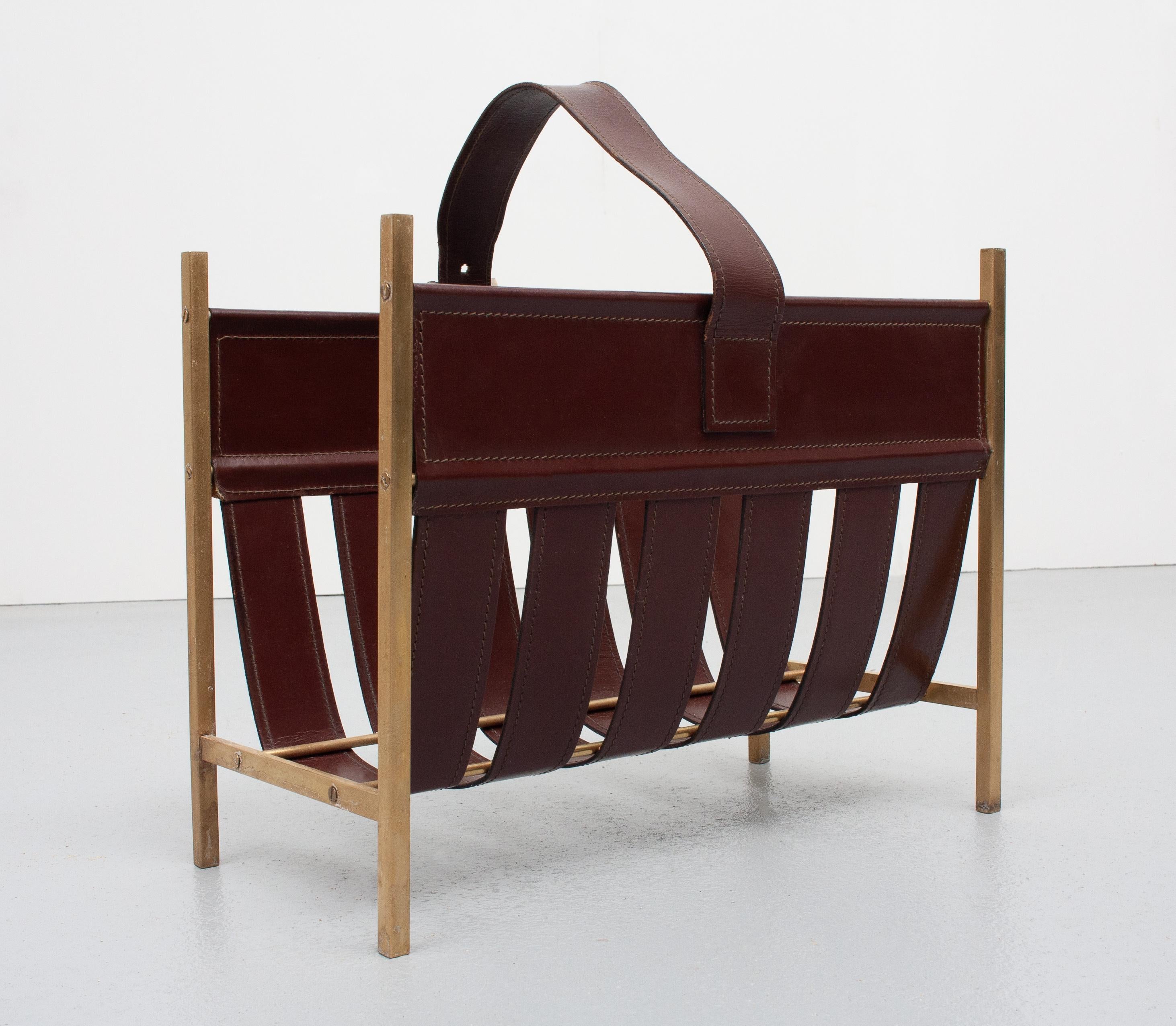French Jacques Adnet, Stich Leather Magazine Rack