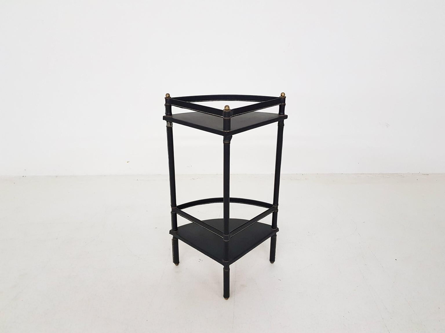 Art Deco Jacques Adnet Stitched Black Leather Corner or Side Table, France, 1950s