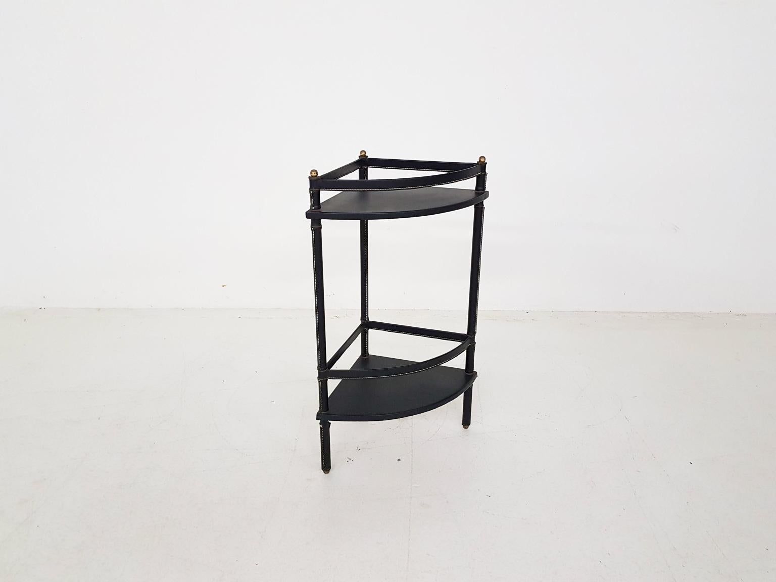 Jacques Adnet Stitched Black Leather Corner or Side Table, France, 1950s In Good Condition In Amsterdam, NL