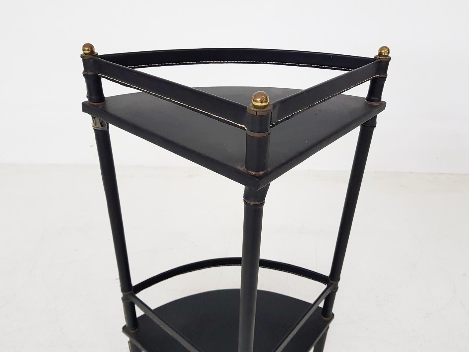 Jacques Adnet Stitched Black Leather Corner or Side Table, France, 1950s 2