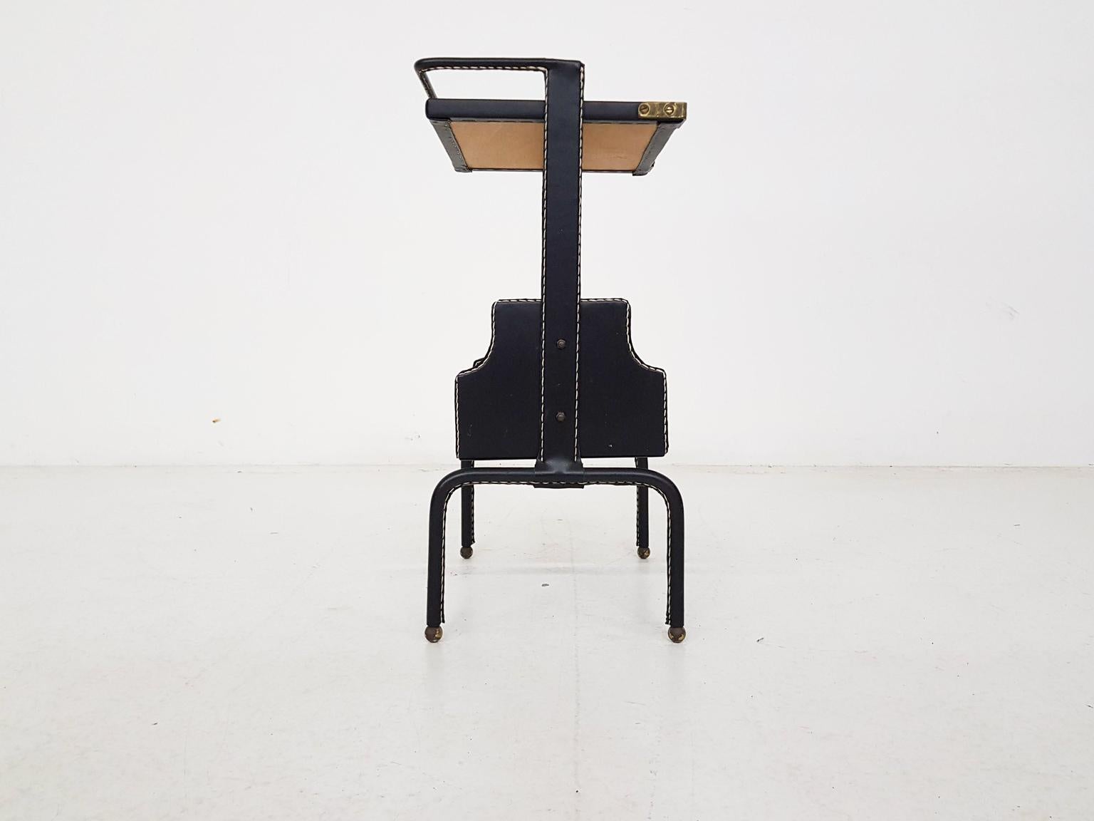 Metal Jacques Adnet Stitched Black Leather Telephone or Side Table, France, 1950s