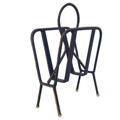 Jacques Adnet Stitched Blue Leather Magazine Rack, Midcentury, France, 1950s