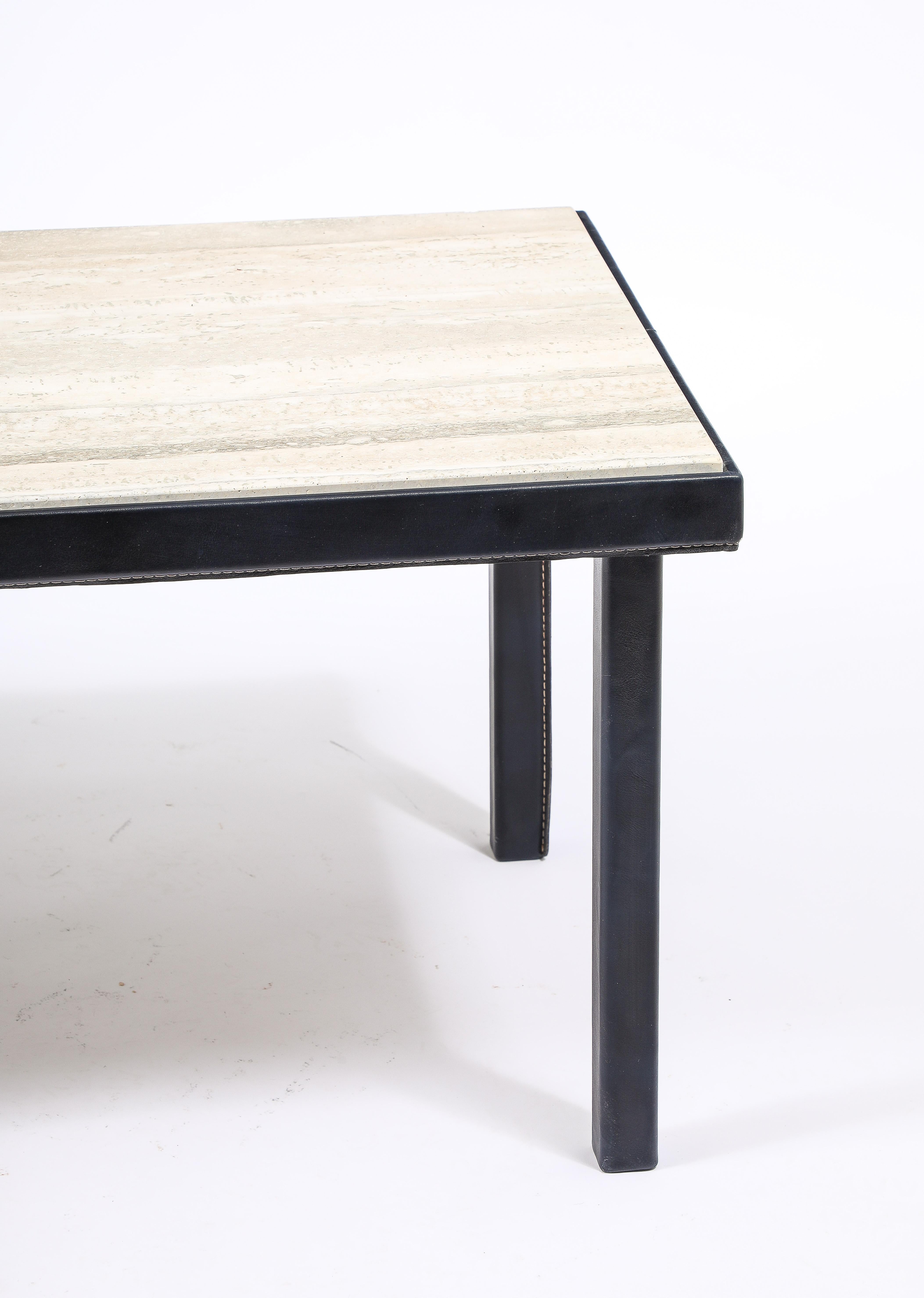 Jacques Adnet Stitched Blue Leather & Travertine Coffee Table, France 1950's For Sale 4